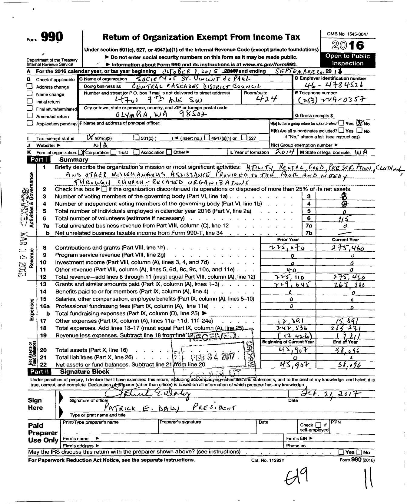 Image of first page of 2015 Form 990 for Society of St Vincent Depaul Central Cascades District Council