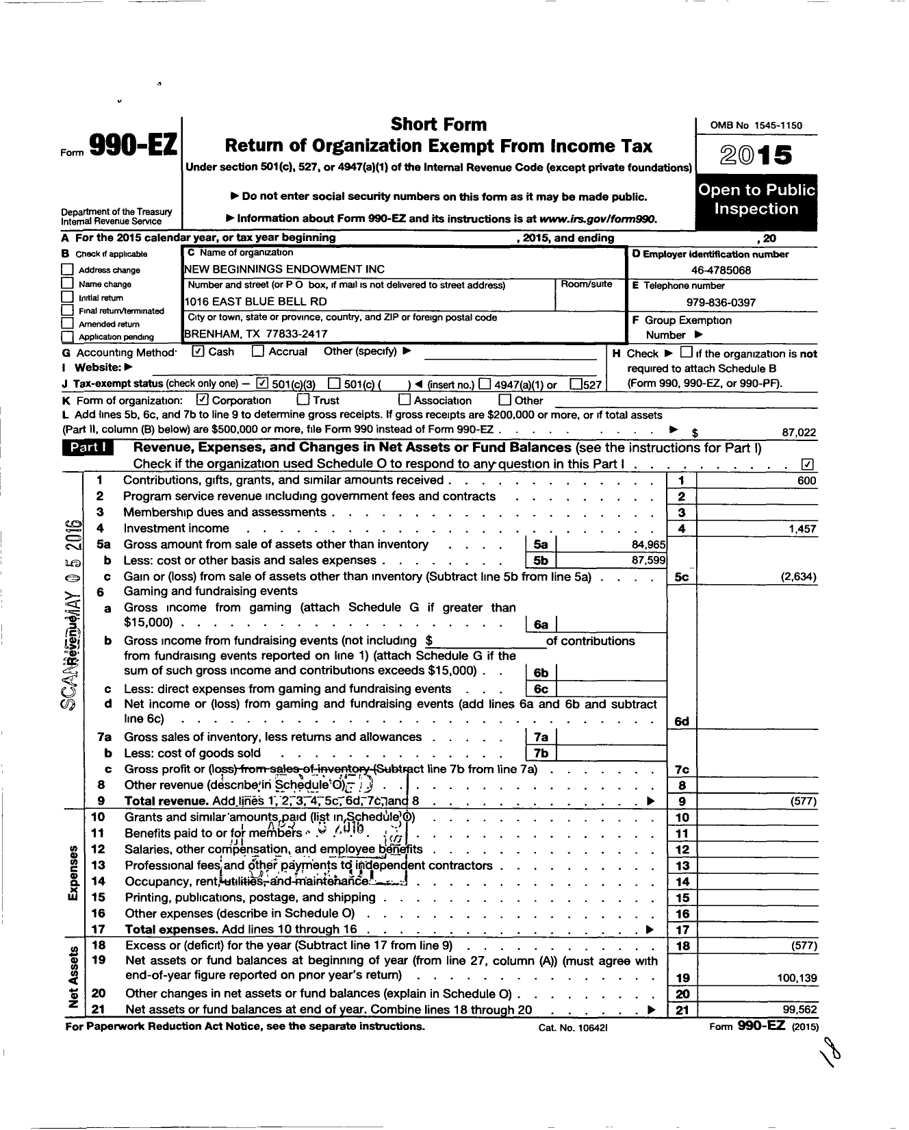 Image of first page of 2015 Form 990EZ for New Beginnings Endowment