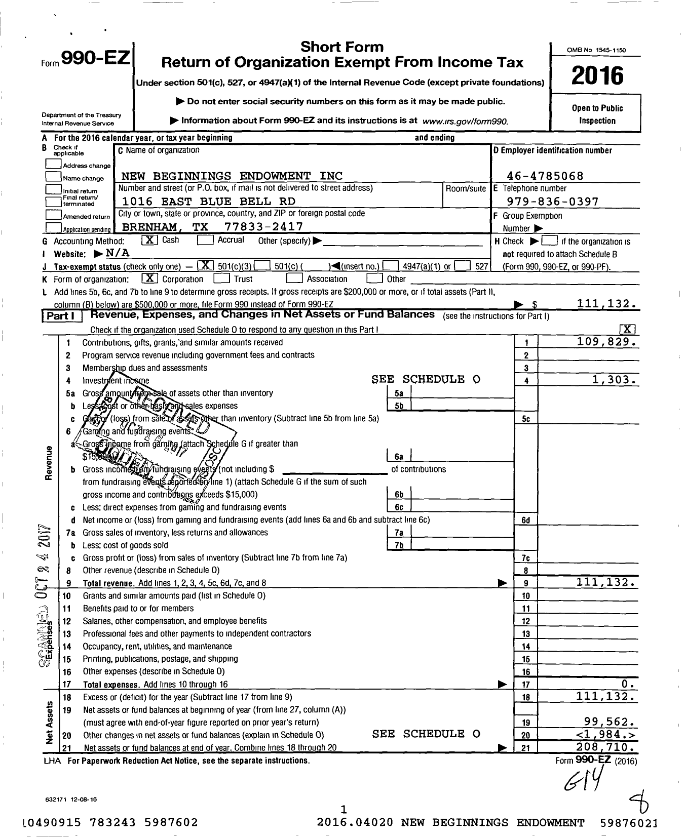 Image of first page of 2016 Form 990EZ for New Beginnings Endowment