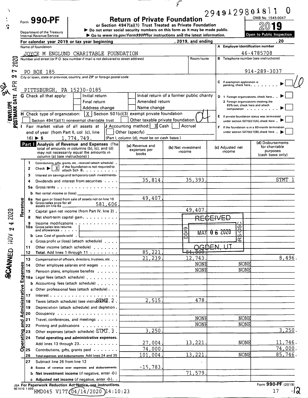 Image of first page of 2019 Form 990PF for Joyce M Englund Charitable Foundation