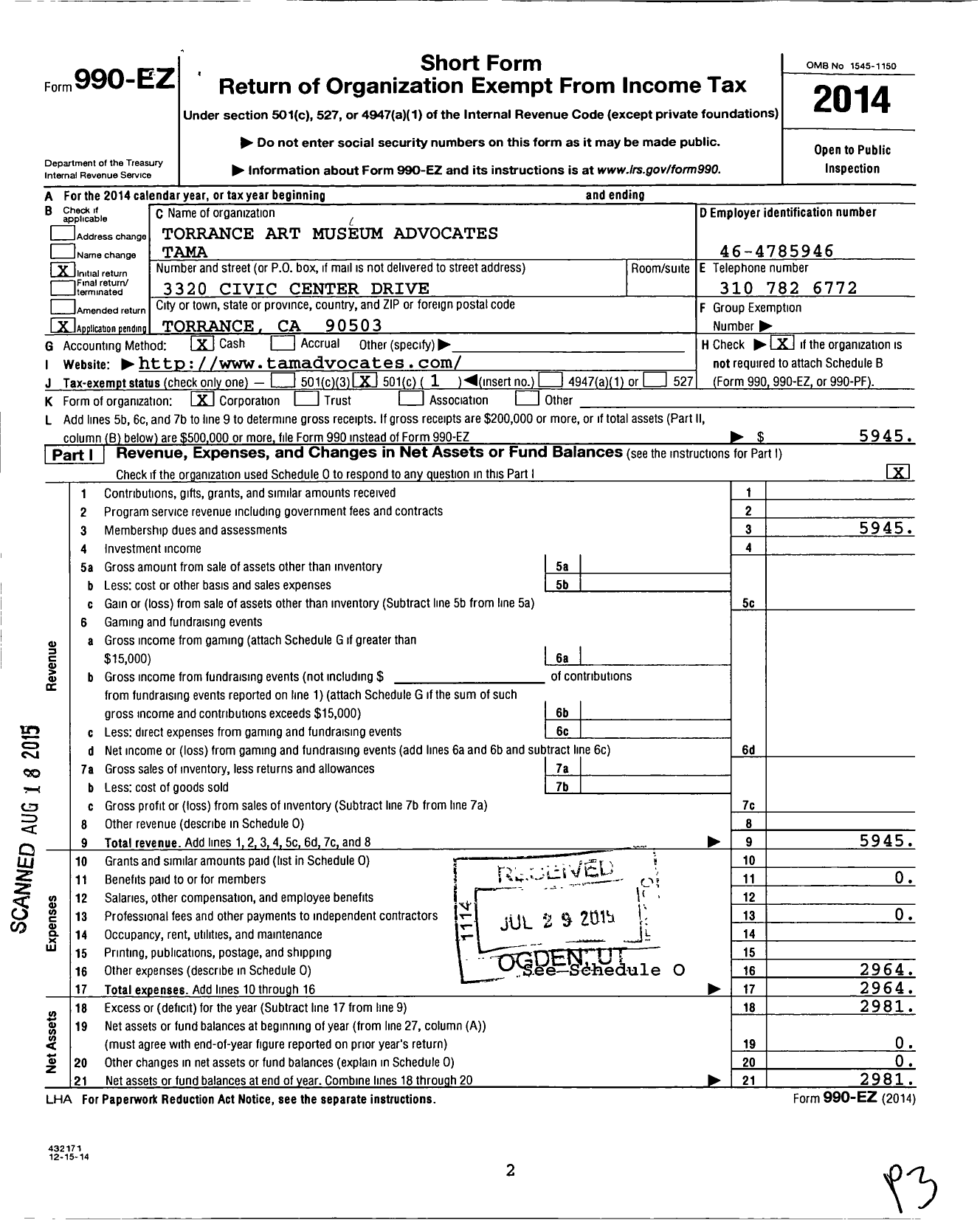 Image of first page of 2014 Form 990EO for Torrance Art Museum Advocates (TAMA)