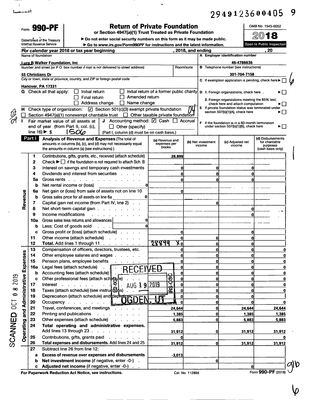 Image of first page of 2018 Form 990PF for Lura B Walker Foundation
