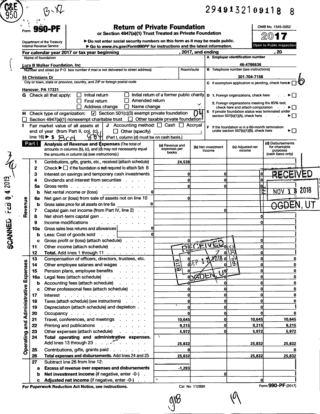 Image of first page of 2017 Form 990PF for Lura B Walker Foundation
