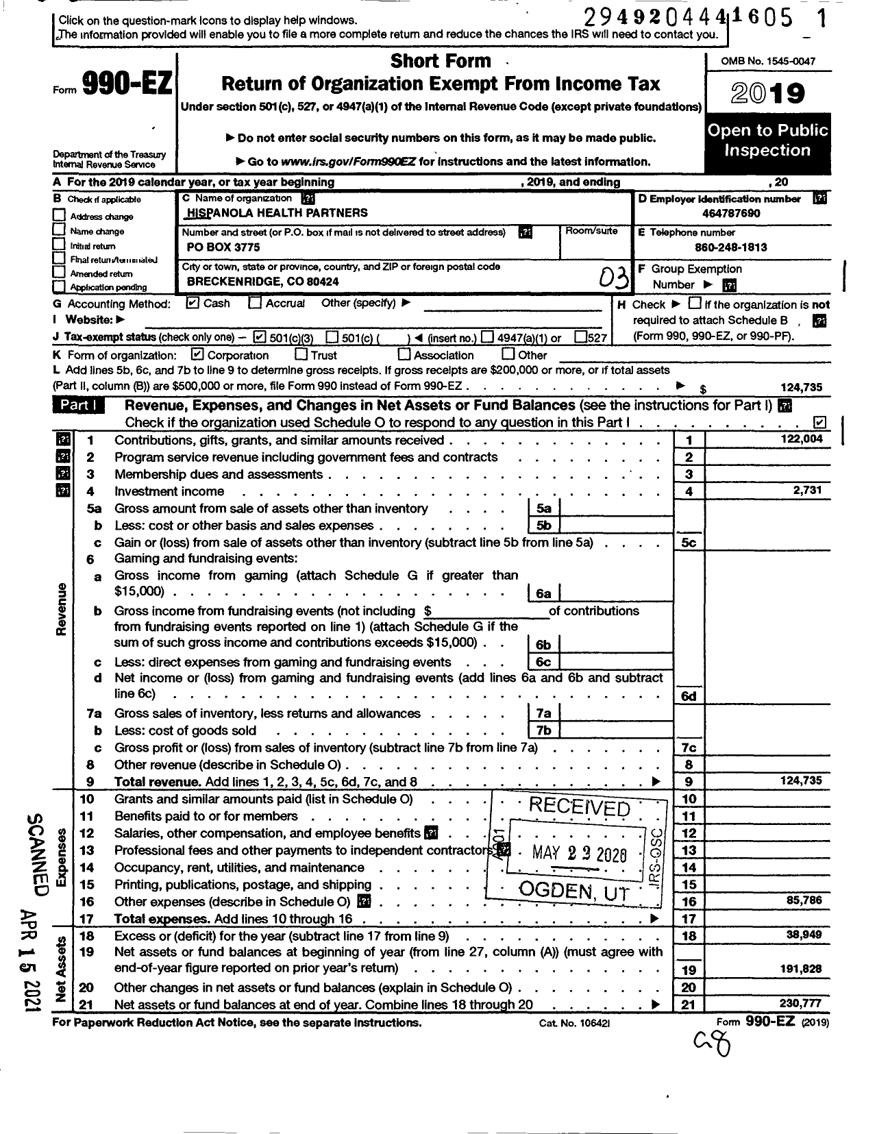 Image of first page of 2019 Form 990EZ for Hispanola Health Partners