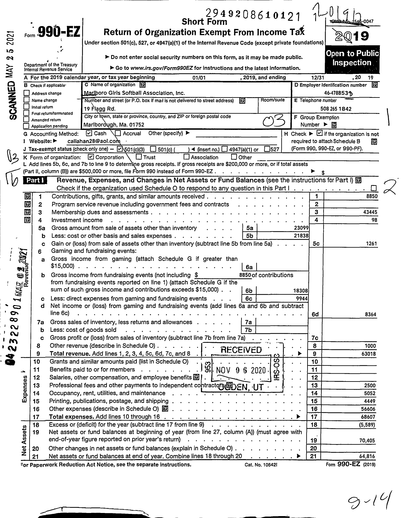 Image of first page of 2019 Form 990EZ for Marlboro Girls Softball Association