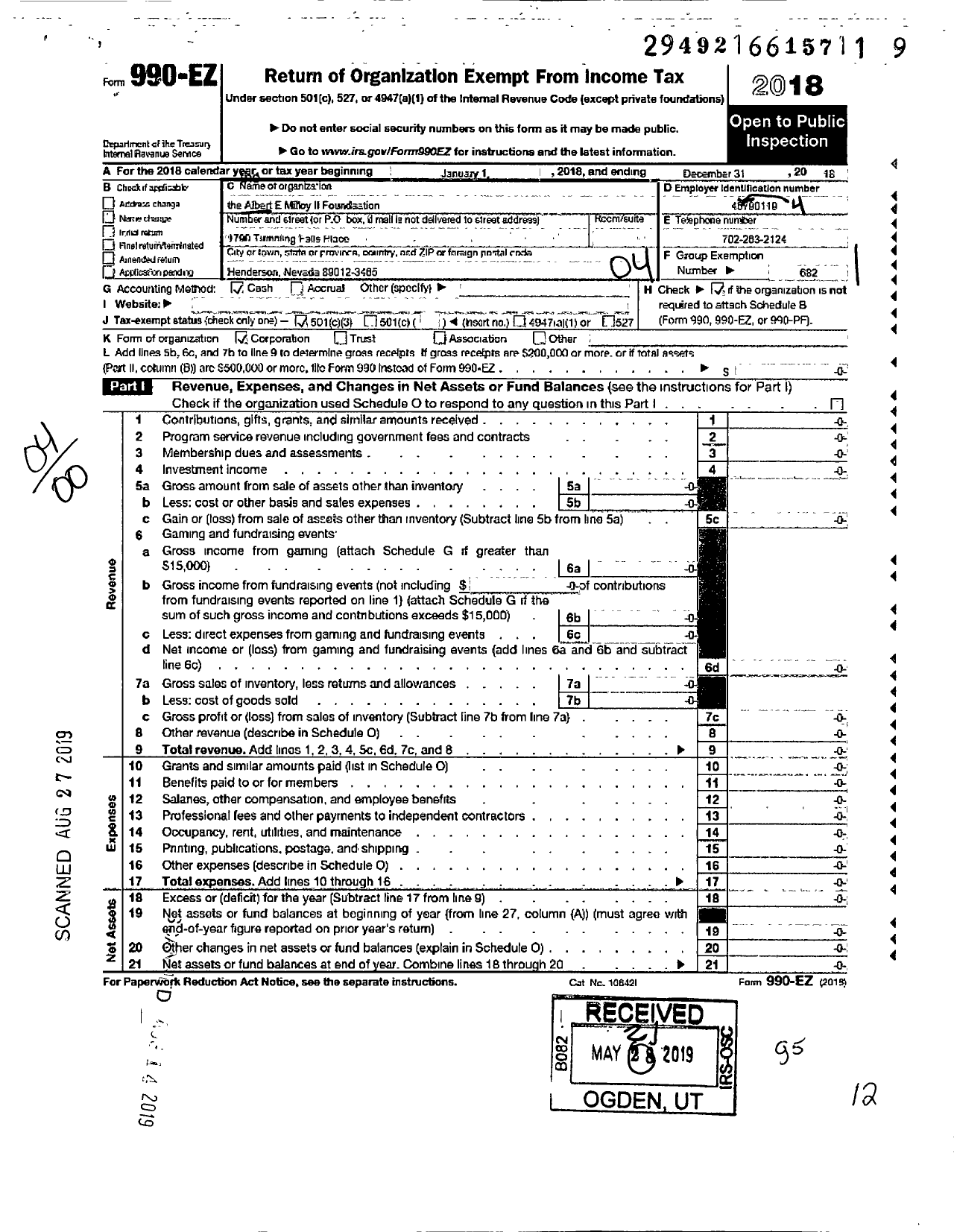 Image of first page of 2018 Form 990EO for Albert E Milloy Ii Foundation the