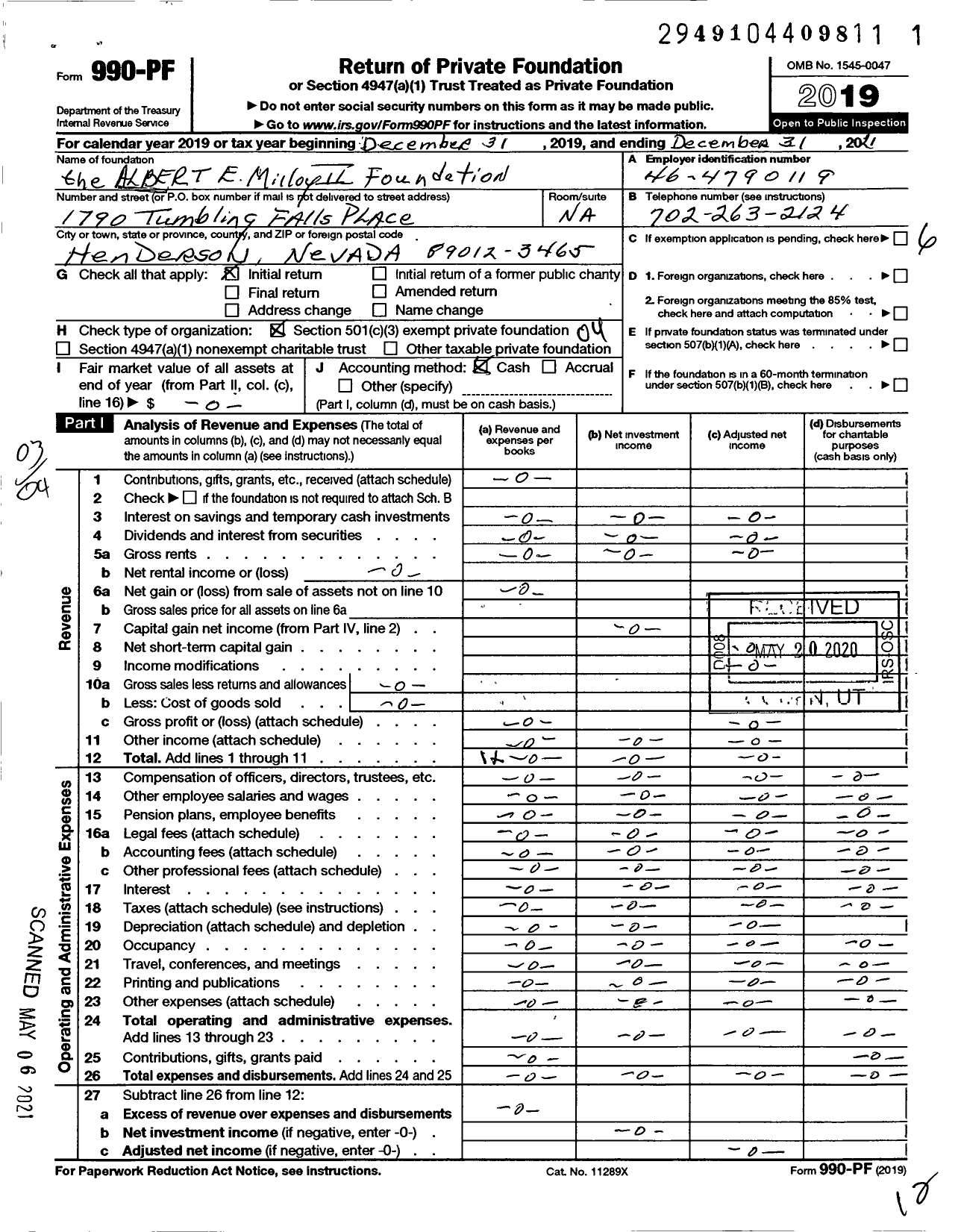 Image of first page of 2019 Form 990PF for Albert E Milloy Ii Foundation the