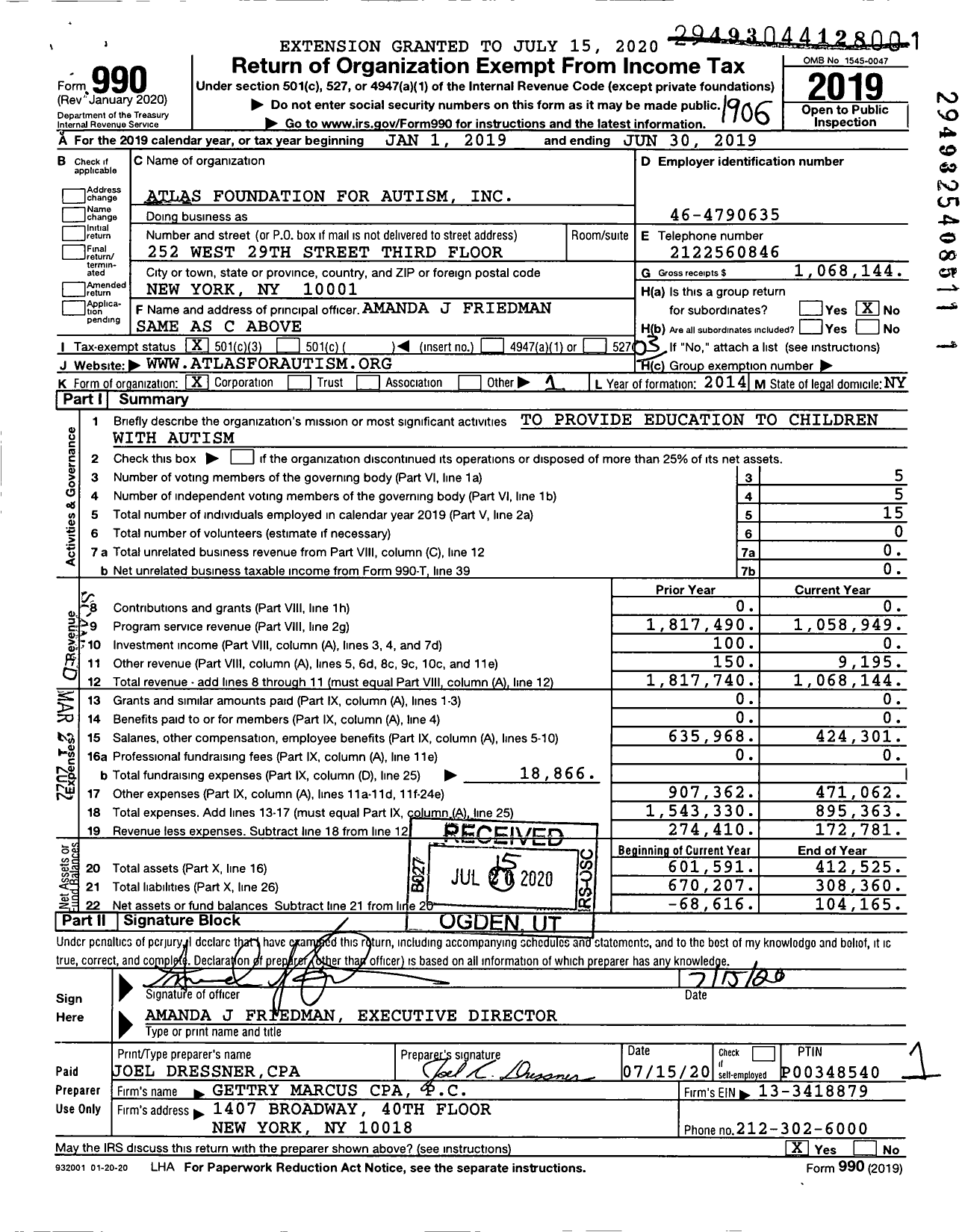 Image of first page of 2018 Form 990 for Atlas Foundation for Autism