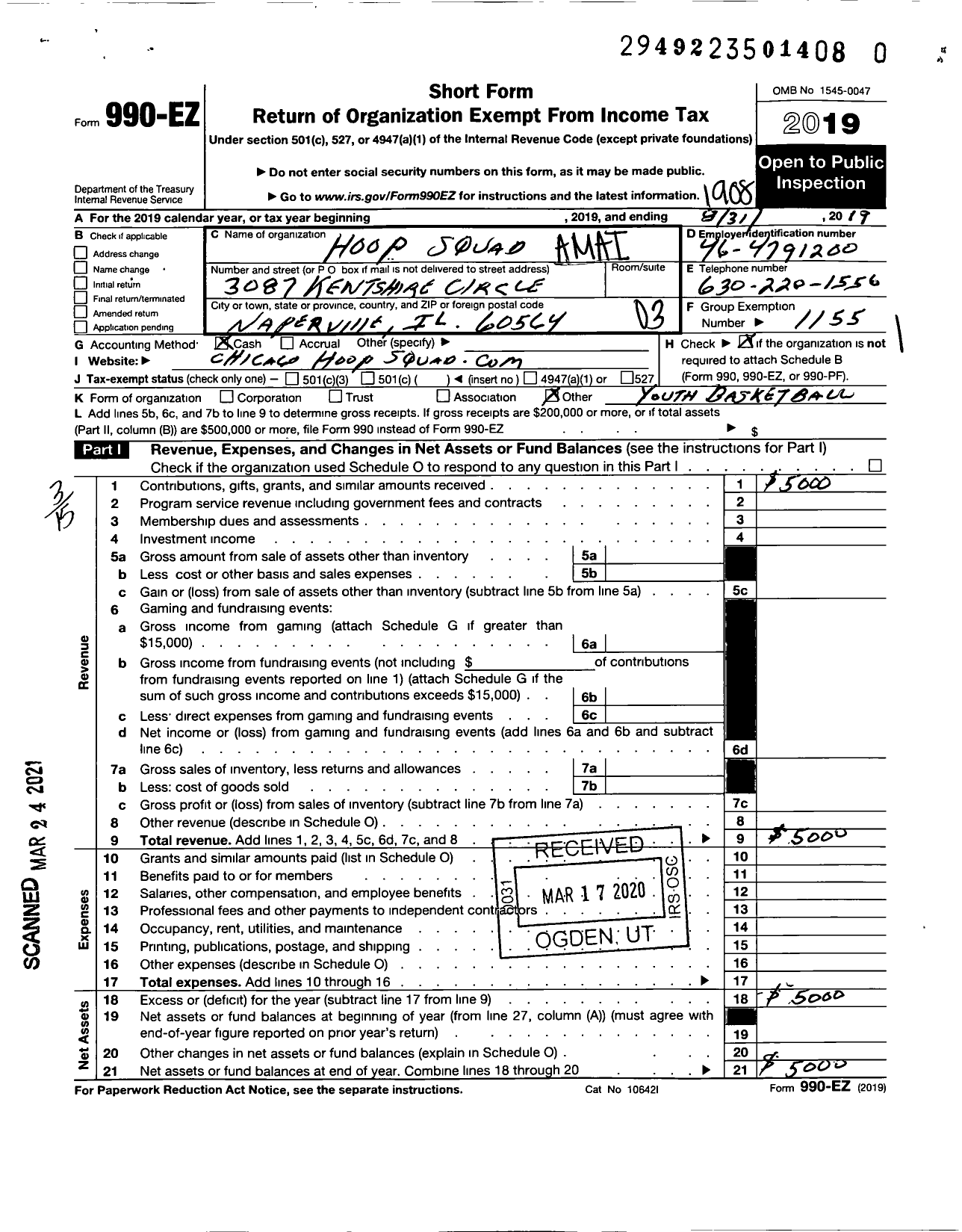 Image of first page of 2018 Form 990EZ for Amateur Athletic Union - Hoop Squad