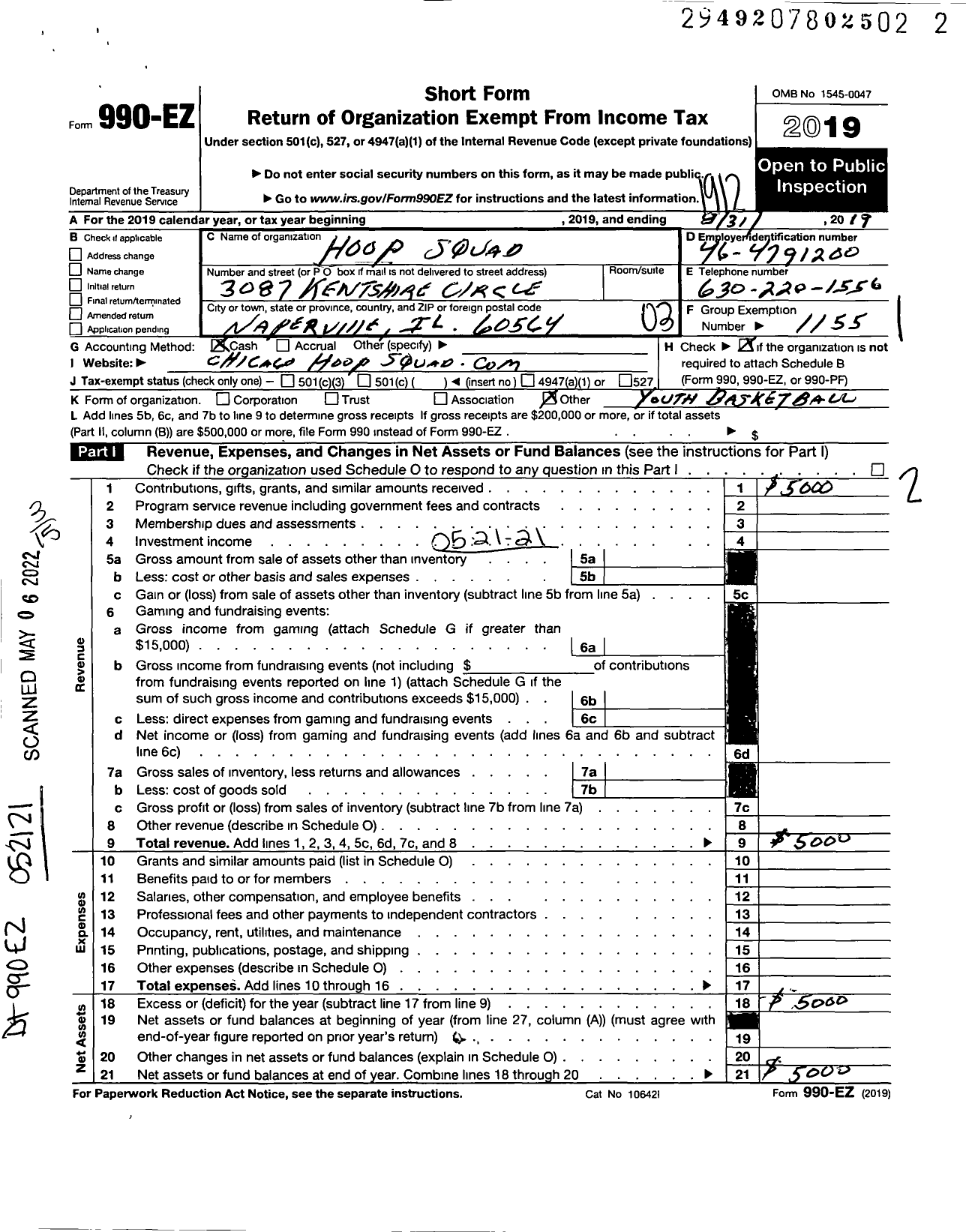 Image of first page of 2019 Form 990EZ for Amateur Athletic Union - Hoop Squad