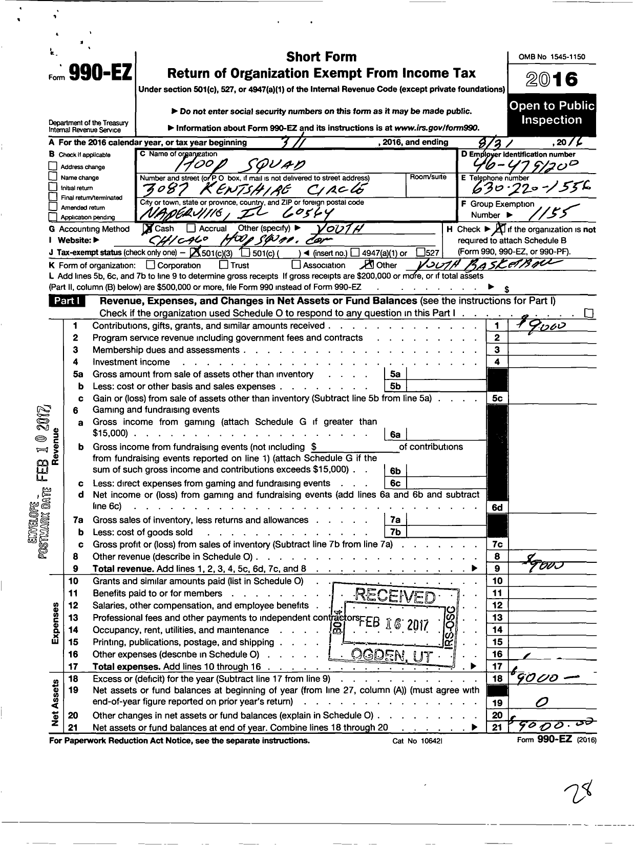 Image of first page of 2015 Form 990EZ for Amateur Athletic Union - Hoop Squad