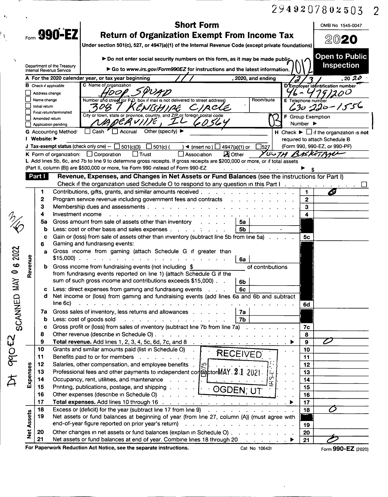 Image of first page of 2020 Form 990EZ for Amateur Athletic Union - Hoop Squad