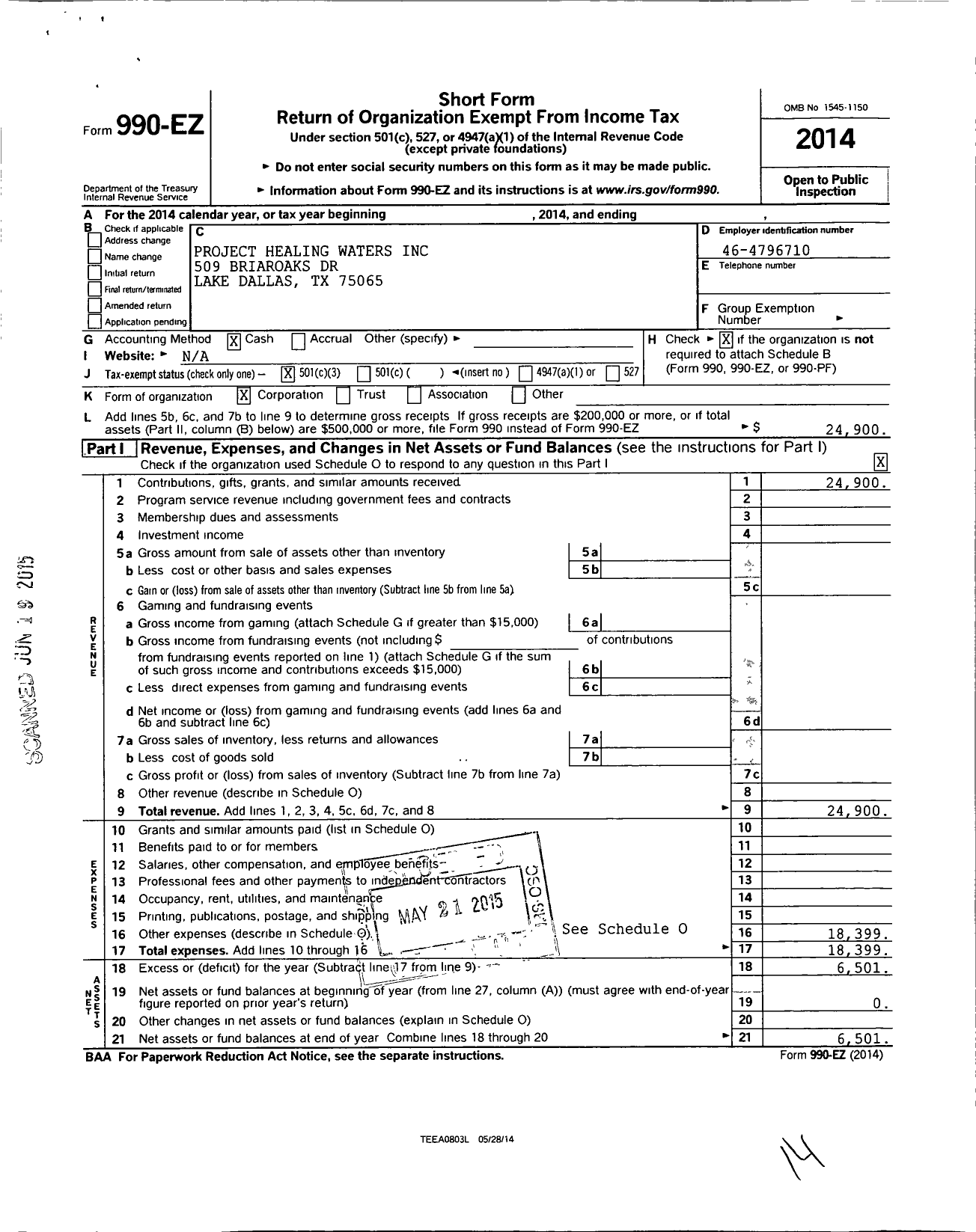 Image of first page of 2014 Form 990EZ for North Texas Patriot Anglers