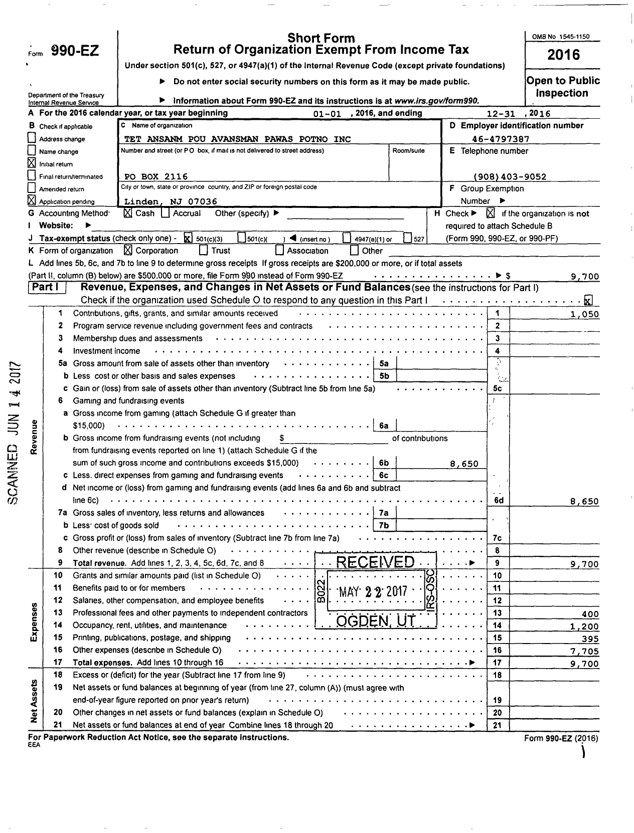 Image of first page of 2016 Form 990EZ for Tet Ansanm Pou Avansman Pawas Poteno (TAPAPP)