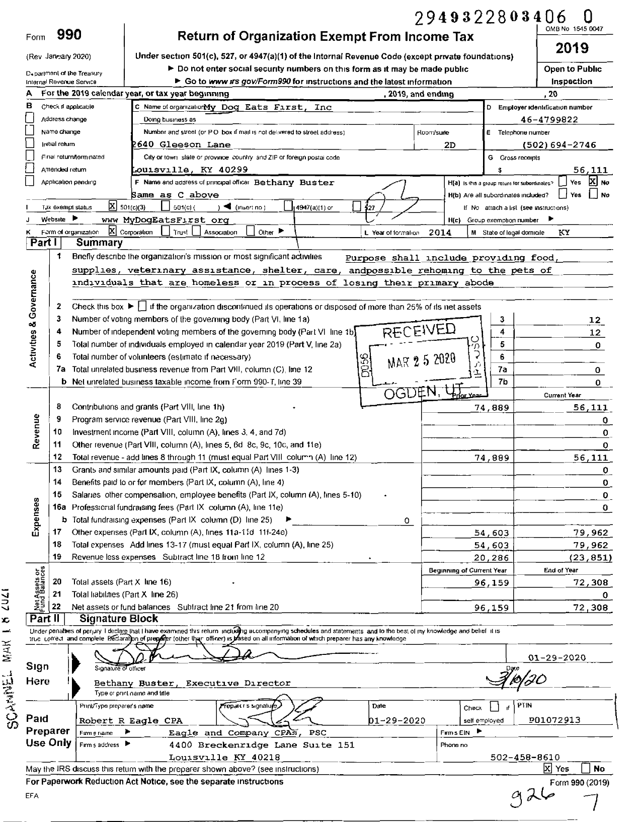 Image of first page of 2019 Form 990 for My Dog Eats First