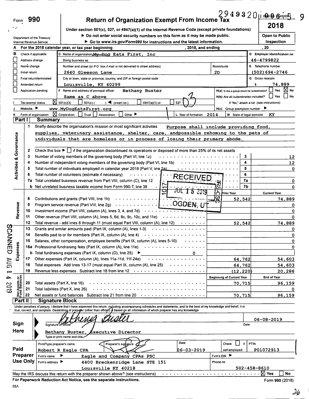 Image of first page of 2018 Form 990 for My Dog Eats First