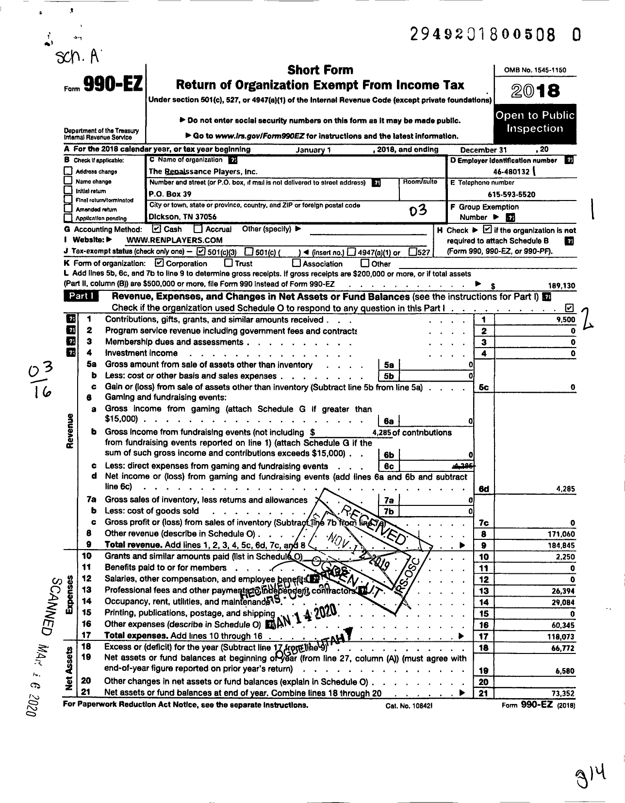 Image of first page of 2018 Form 990EZ for The Renaissance Players