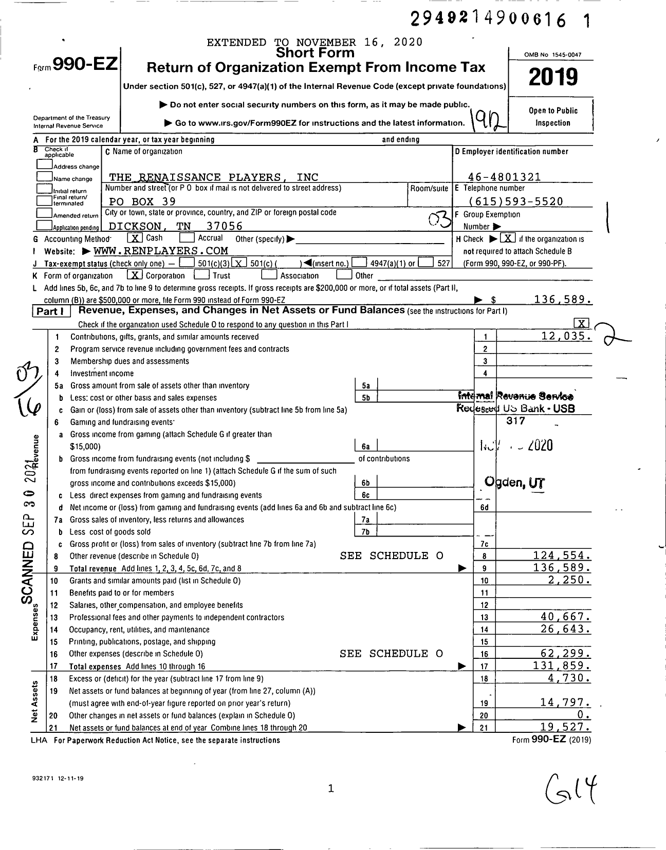 Image of first page of 2019 Form 990EZ for The Renaissance Players