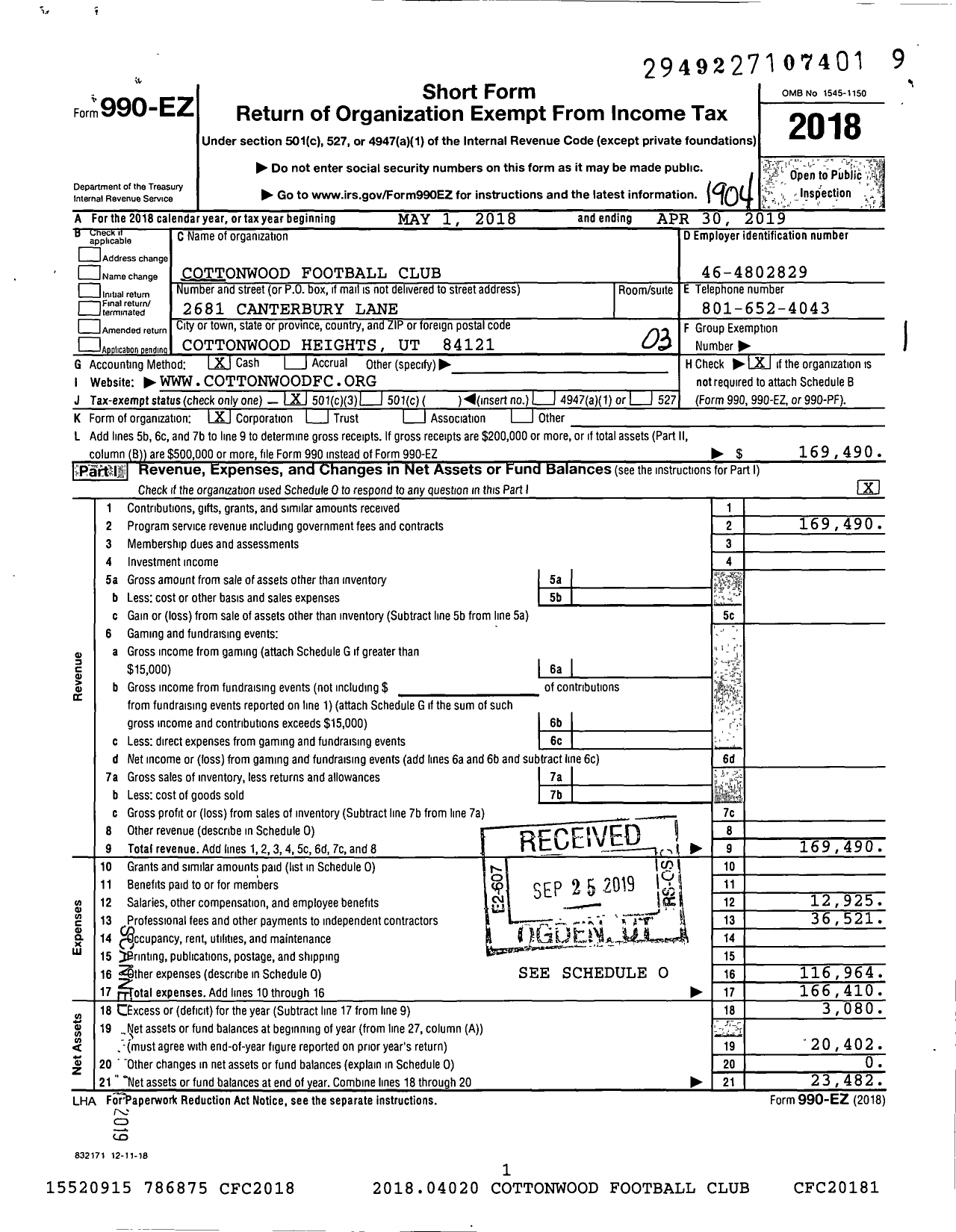 Image of first page of 2018 Form 990EZ for Cottonwood Football Club