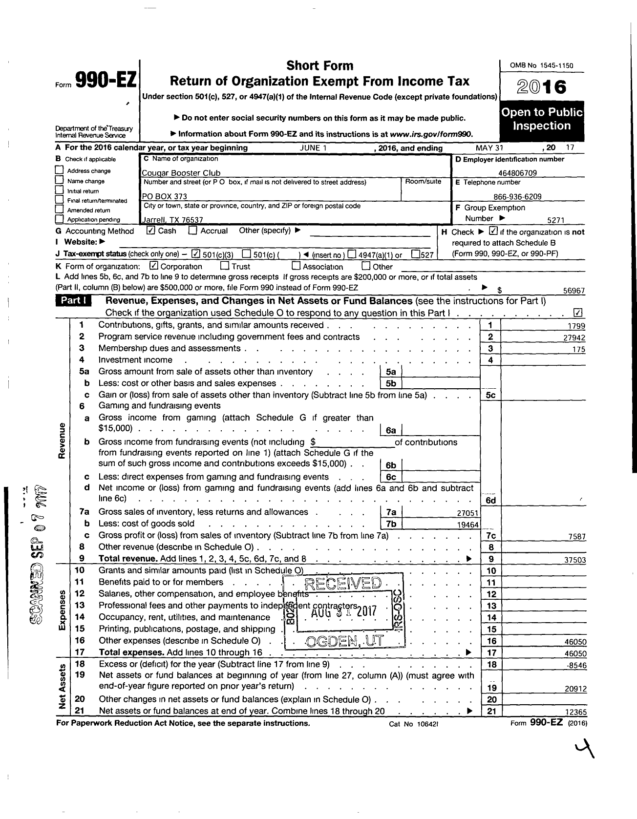 Image of first page of 2016 Form 990EZ for Parent Booster USA / Cougar Booster Club