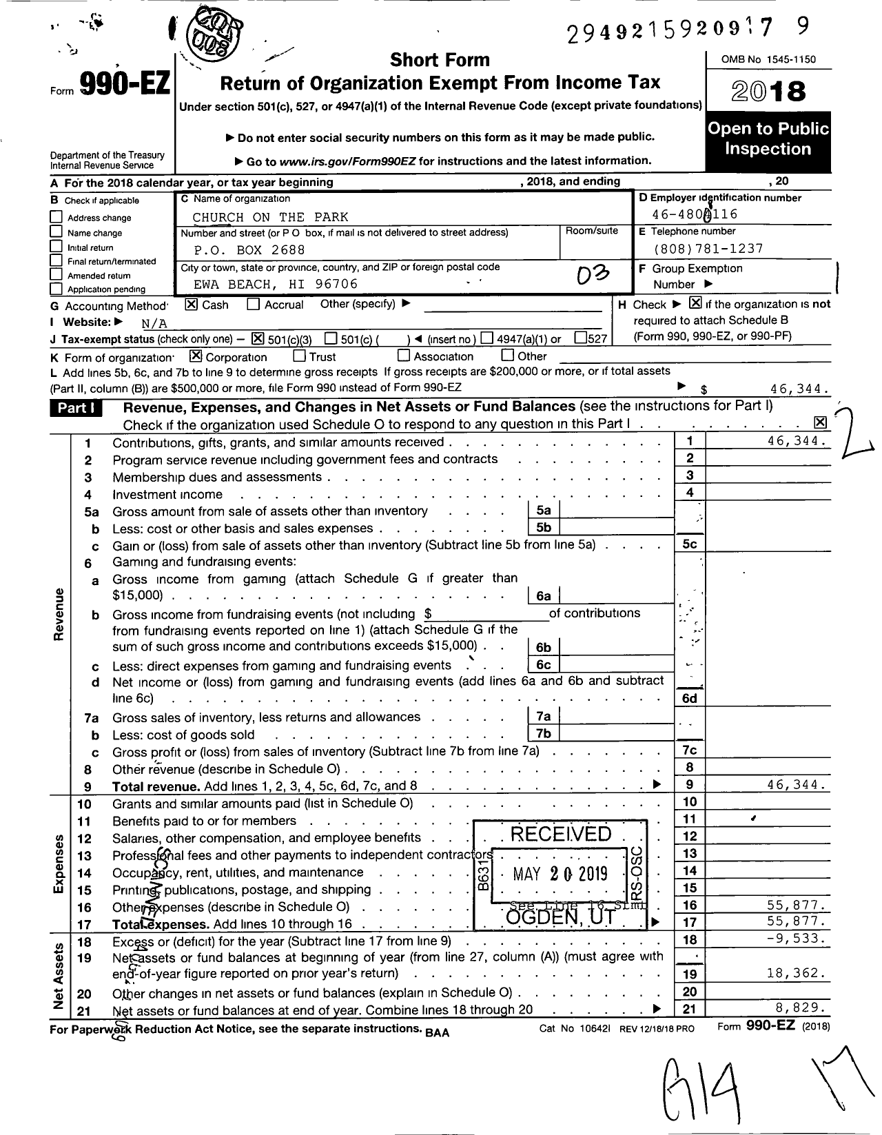 Image of first page of 2018 Form 990EZ for Church on the Park