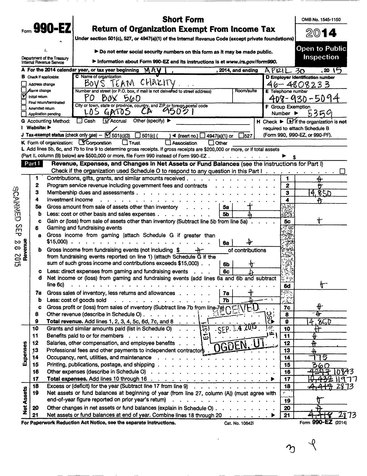 Image of first page of 2014 Form 990EZ for Boys Team Charity / Los Gatos League