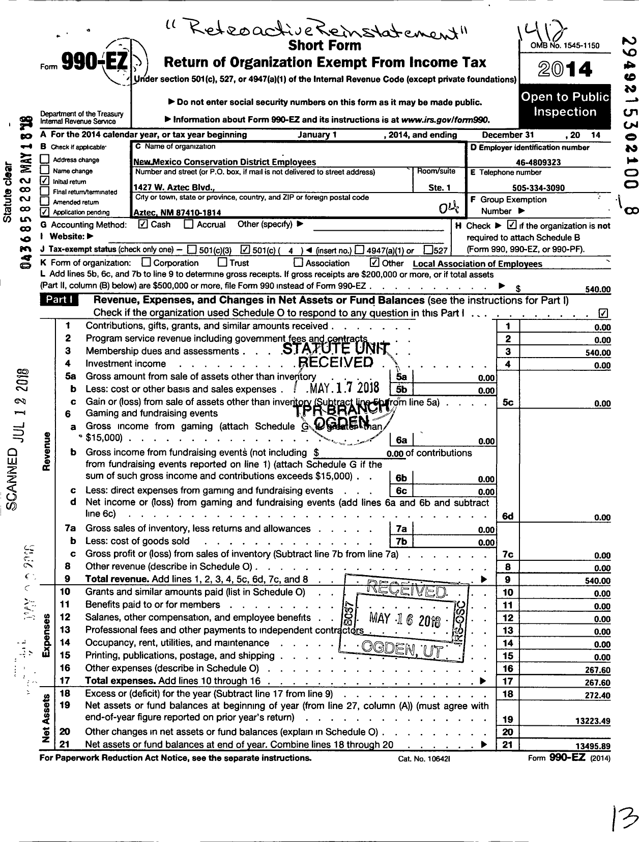 Image of first page of 2014 Form 990EO for New Mexico Conservation District Employees