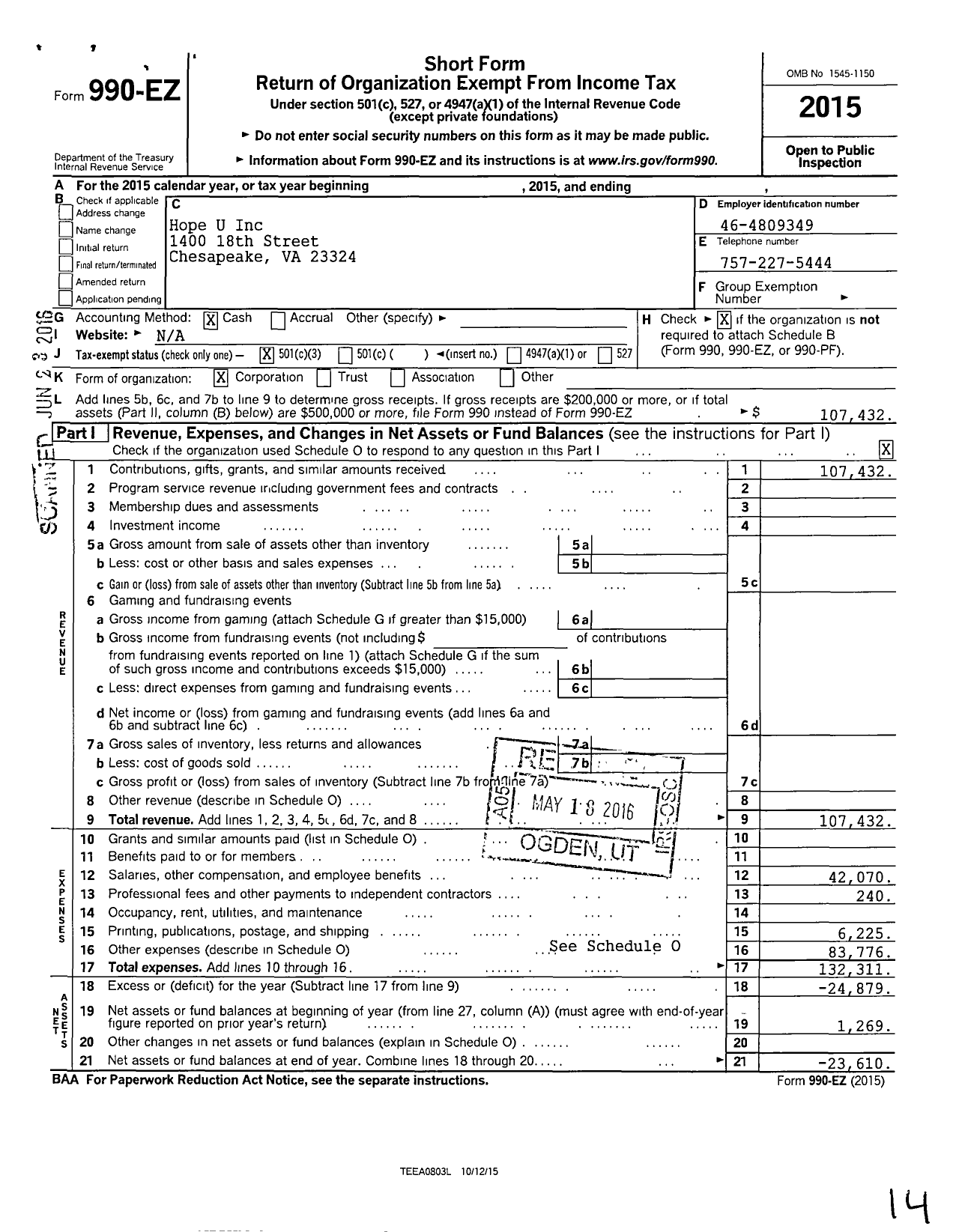 Image of first page of 2015 Form 990EZ for Hope U