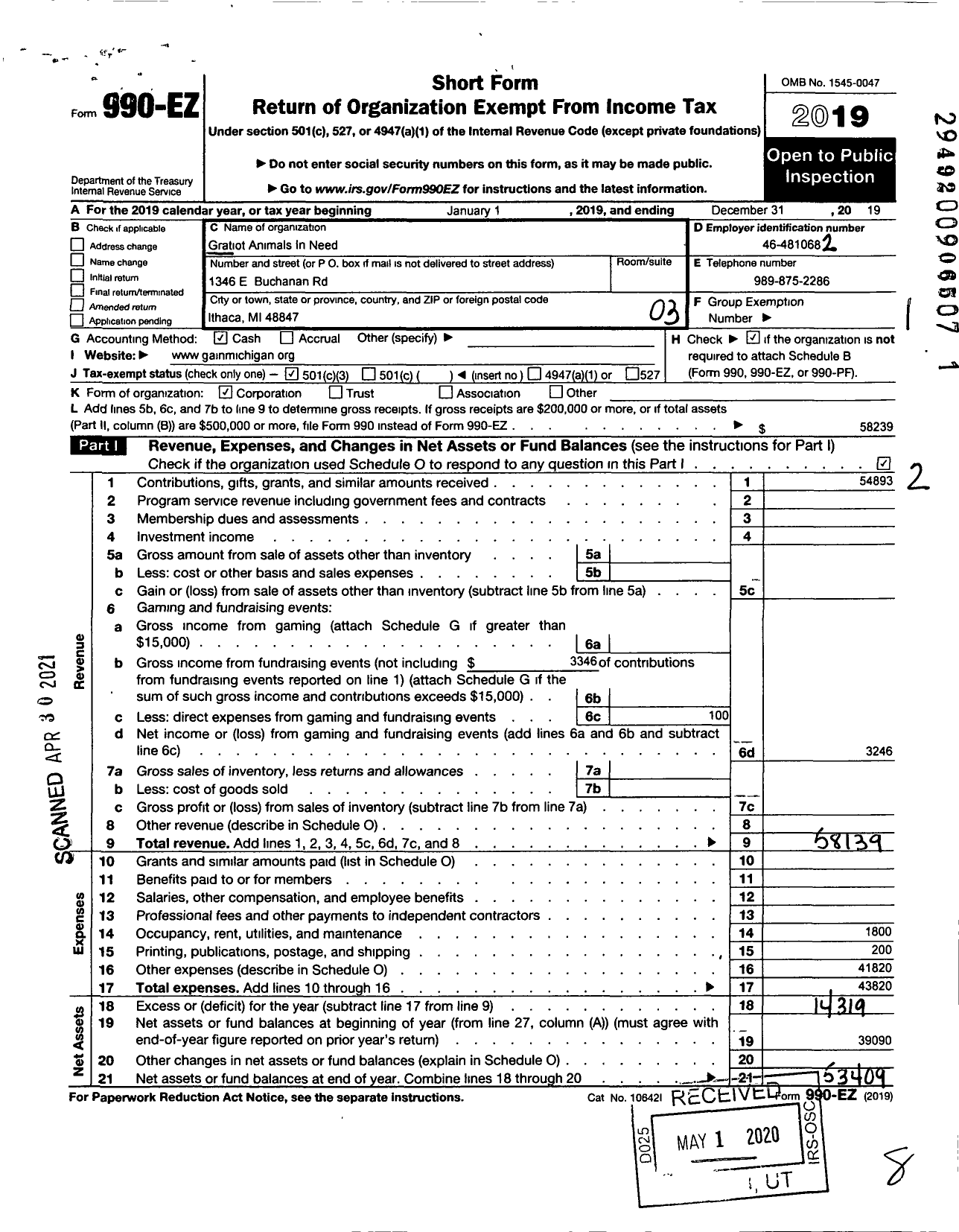 Image of first page of 2019 Form 990EZ for Gratiot Animals in Need