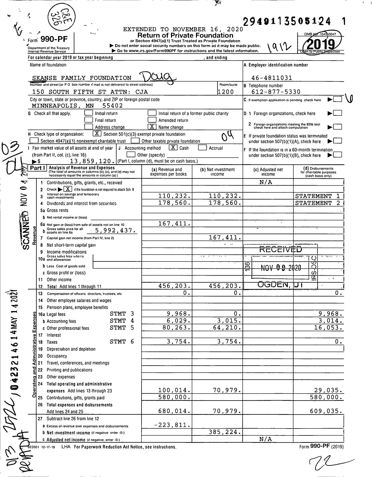 Image of first page of 2019 Form 990PF for Skanse Family Foundation