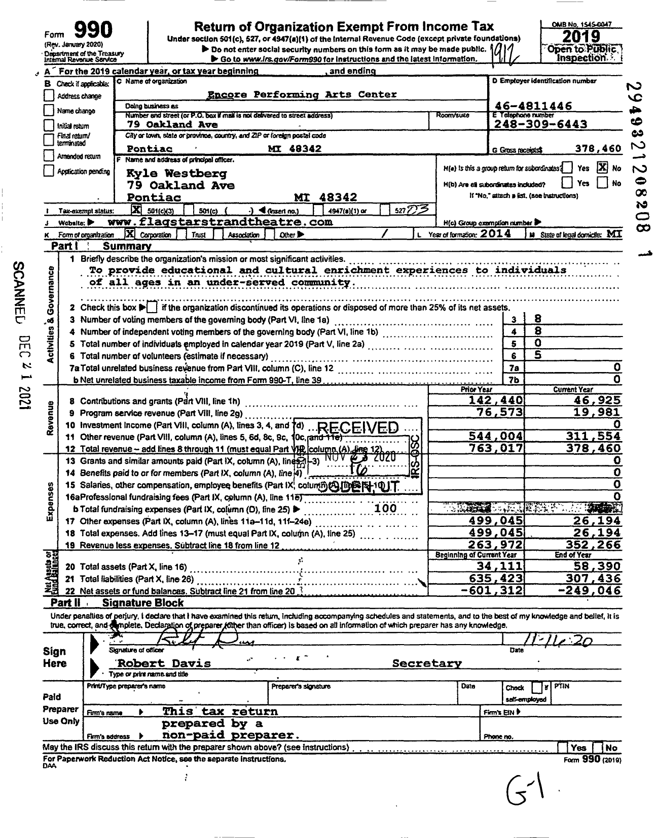 Image of first page of 2019 Form 990 for Encore Performing Arts Center