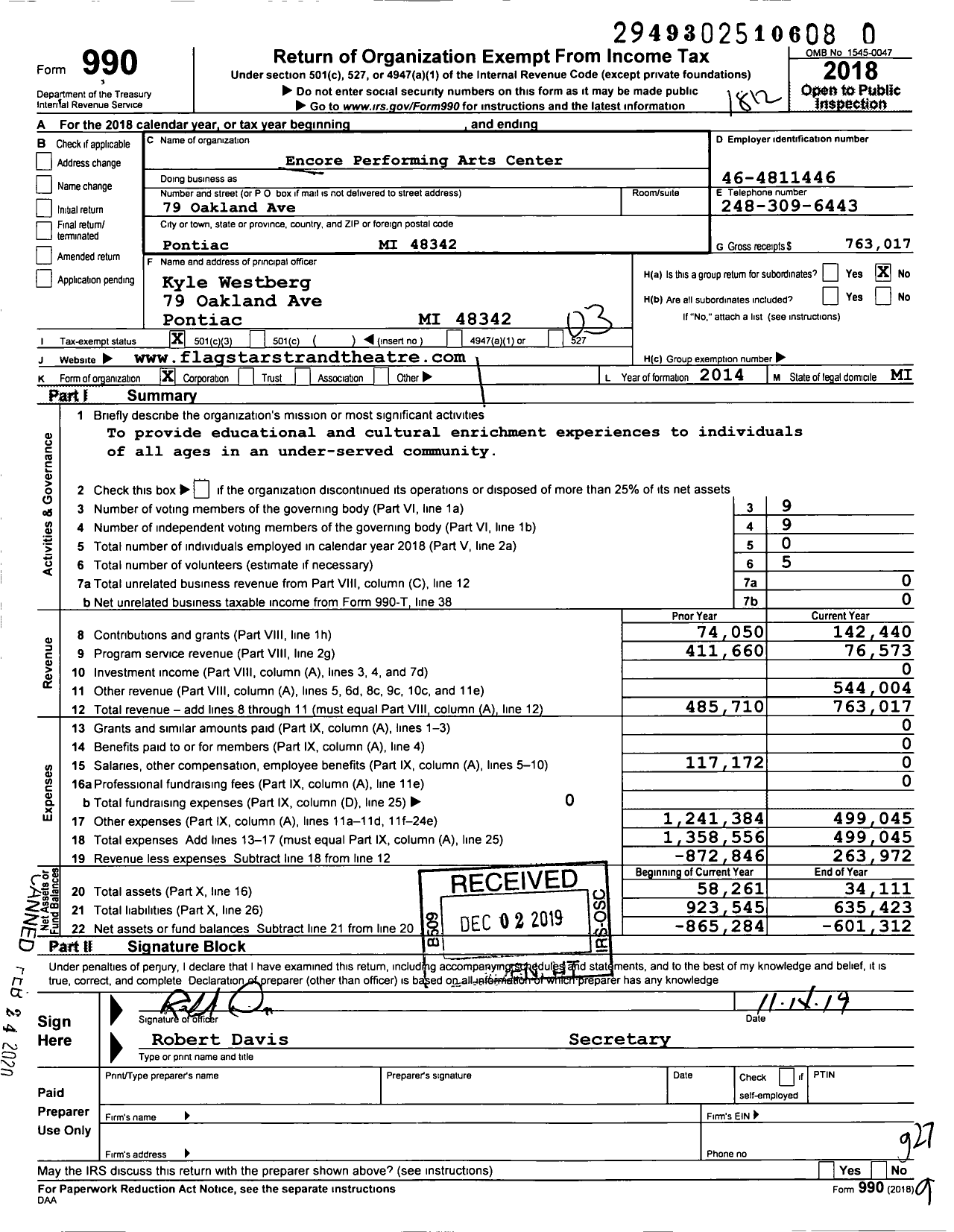 Image of first page of 2018 Form 990 for Encore Performing Arts Center