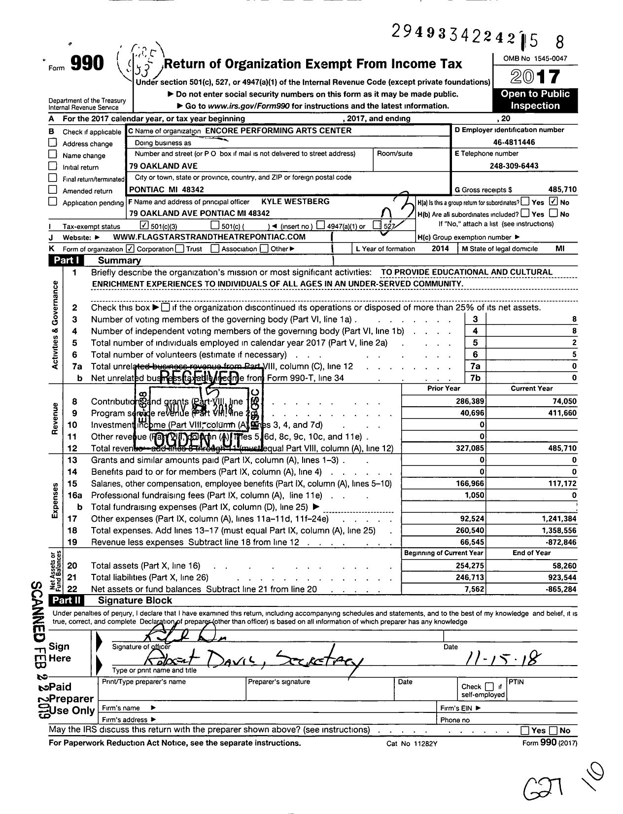 Image of first page of 2017 Form 990 for Encore Performing Arts Center