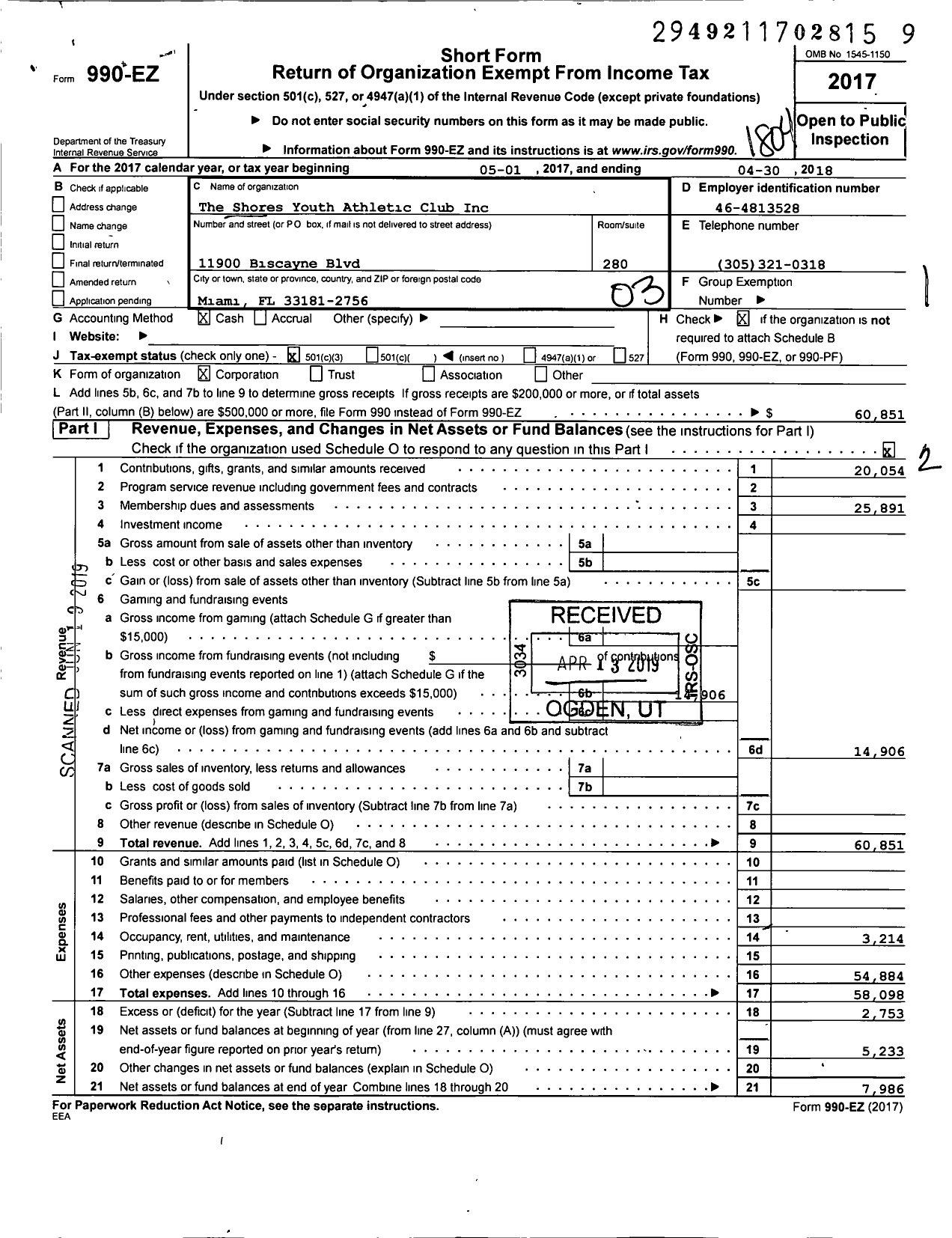 Image of first page of 2017 Form 990EZ for Shores Youth Athletic Club