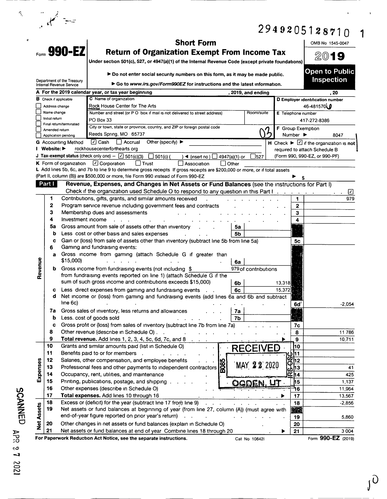 Image of first page of 2019 Form 990EZ for North American Folk Music and Dance Alliance / Rock House Center for the Arts