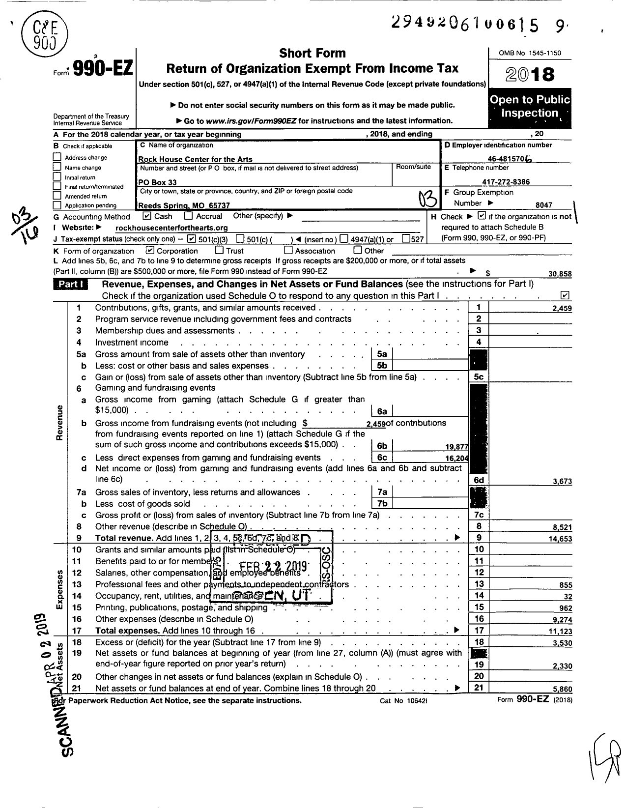 Image of first page of 2018 Form 990EZ for North American Folk Music and Dance Alliance / Rock House Center for the Arts