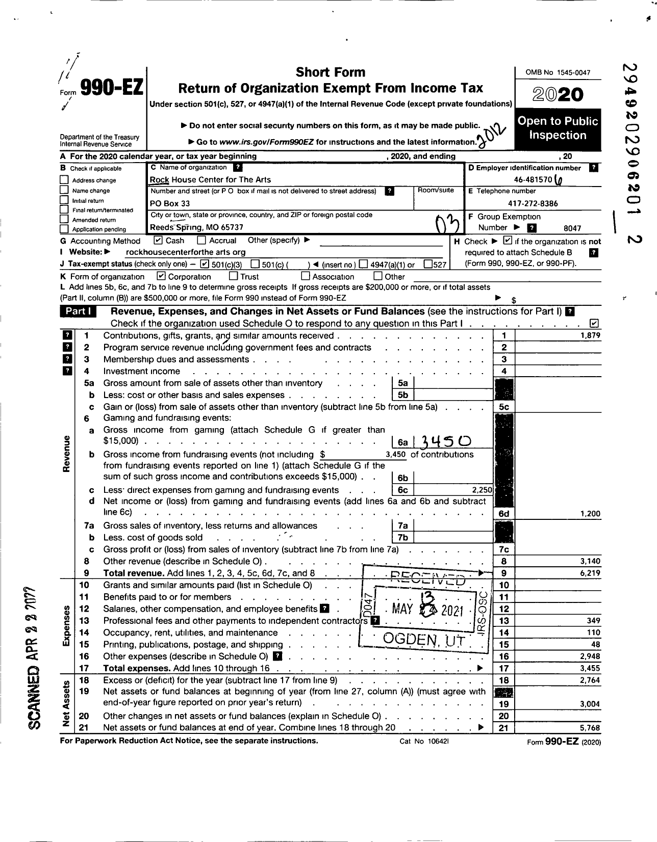 Image of first page of 2020 Form 990EZ for North American Folk Music and Dance Alliance / Rock House Center for the Arts