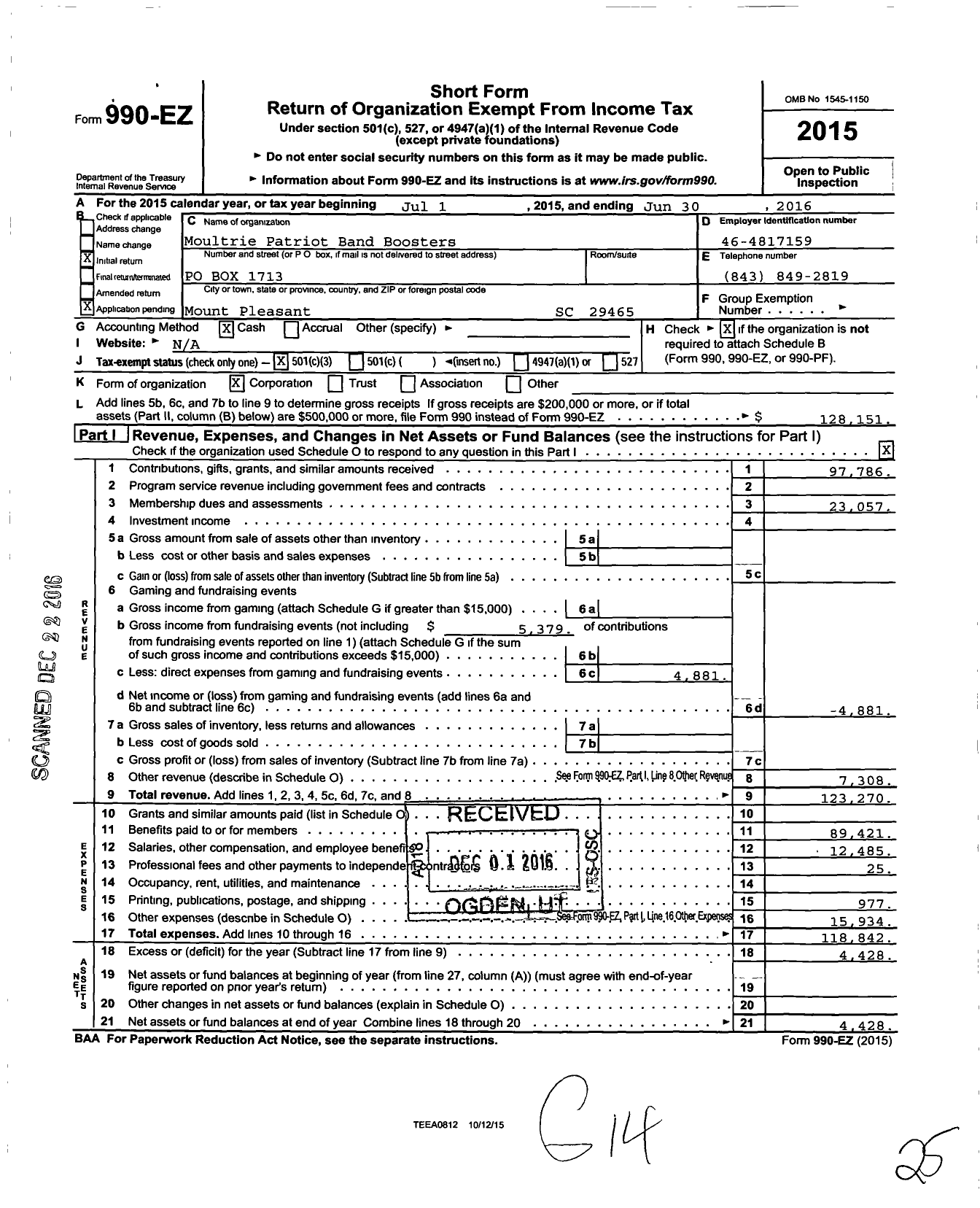Image of first page of 2015 Form 990EZ for Moultrie Patriot Band Boosters