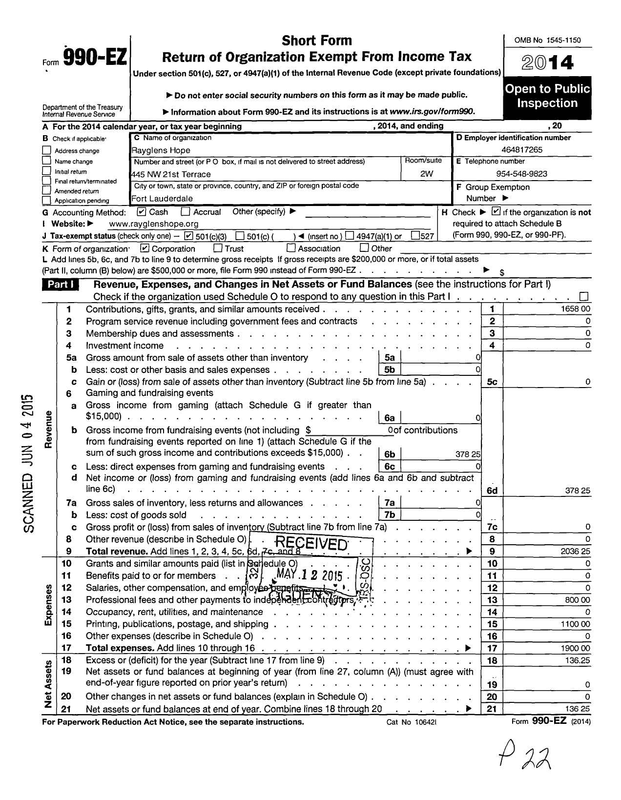 Image of first page of 2014 Form 990EZ for Rayglens Hope