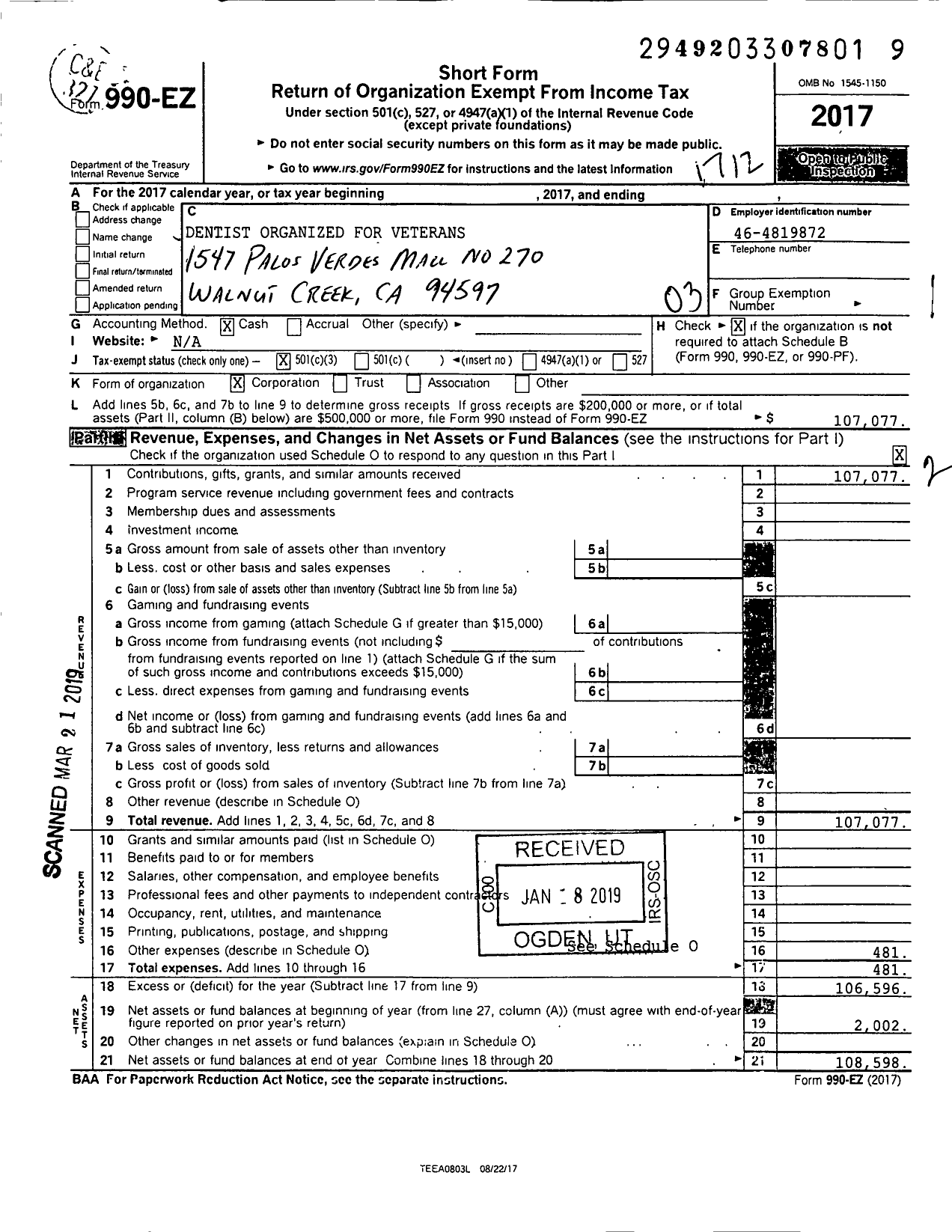 Image of first page of 2017 Form 990EZ for Dentist Organized for Veterans