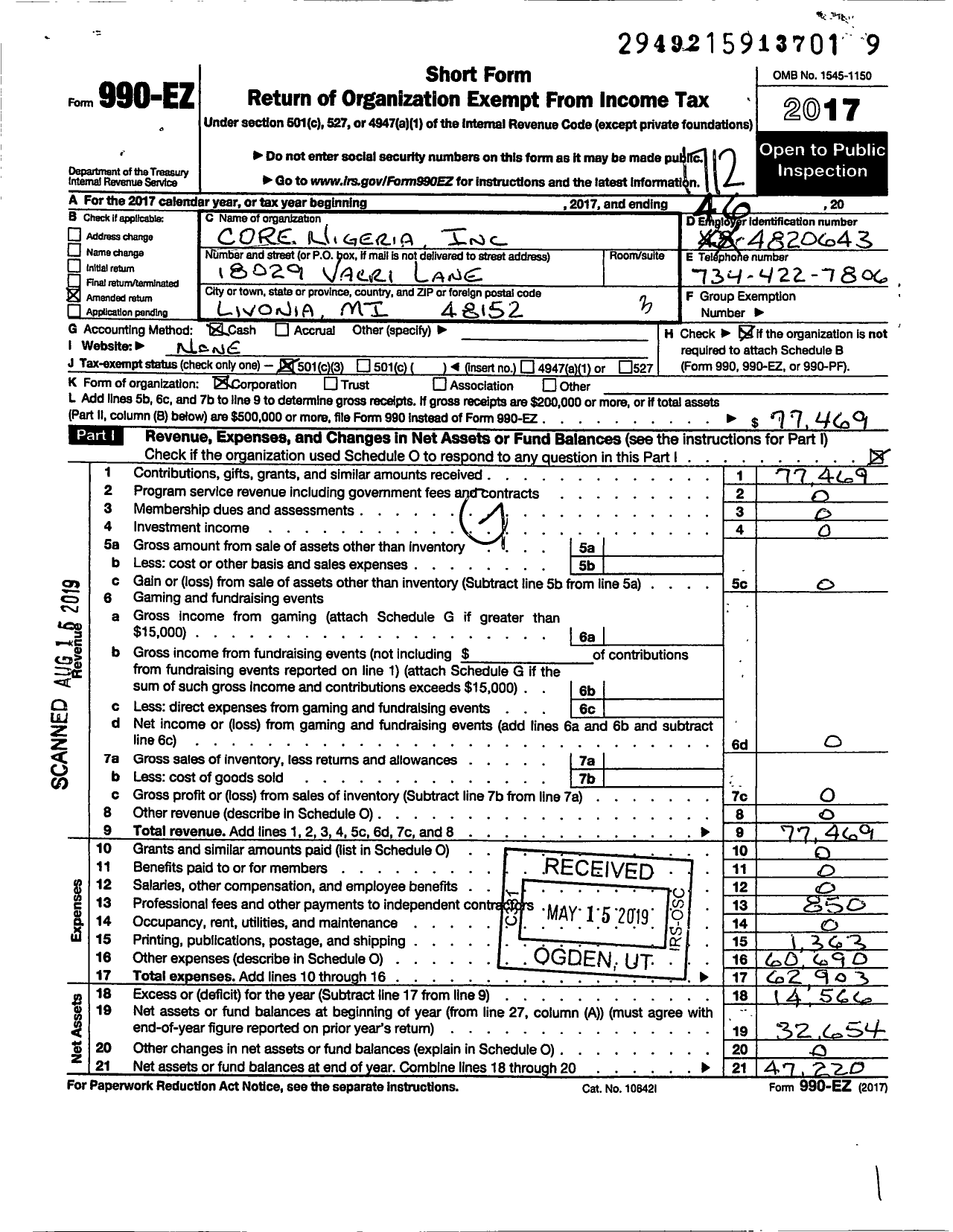 Image of first page of 2017 Form 990EZ for CORE Nigeria