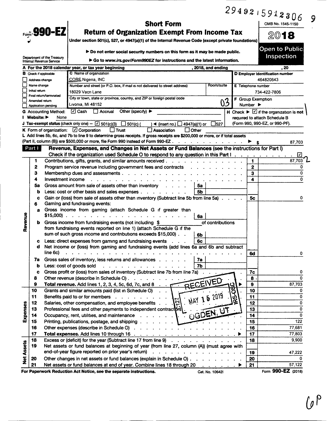 Image of first page of 2018 Form 990EZ for CORE Nigeria