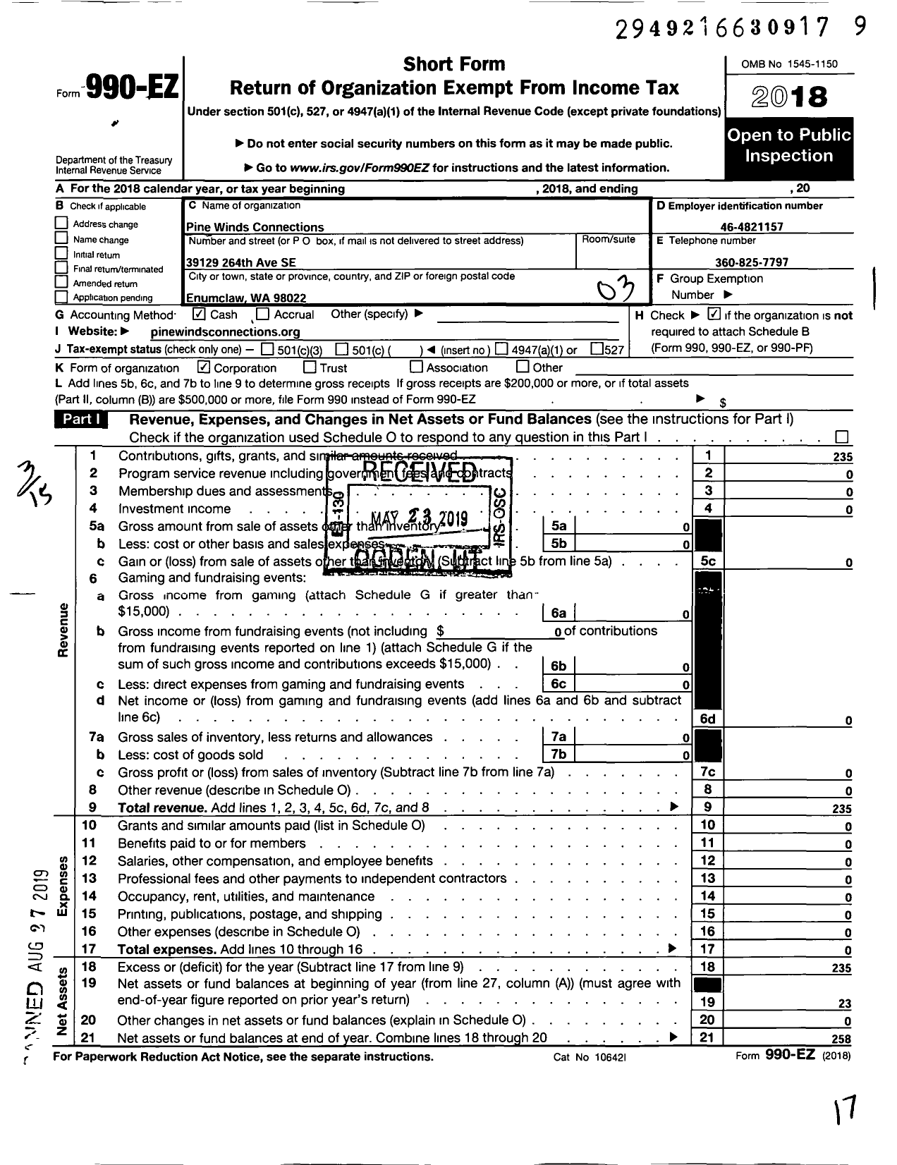 Image of first page of 2018 Form 990EZ for Pine Winds Connections