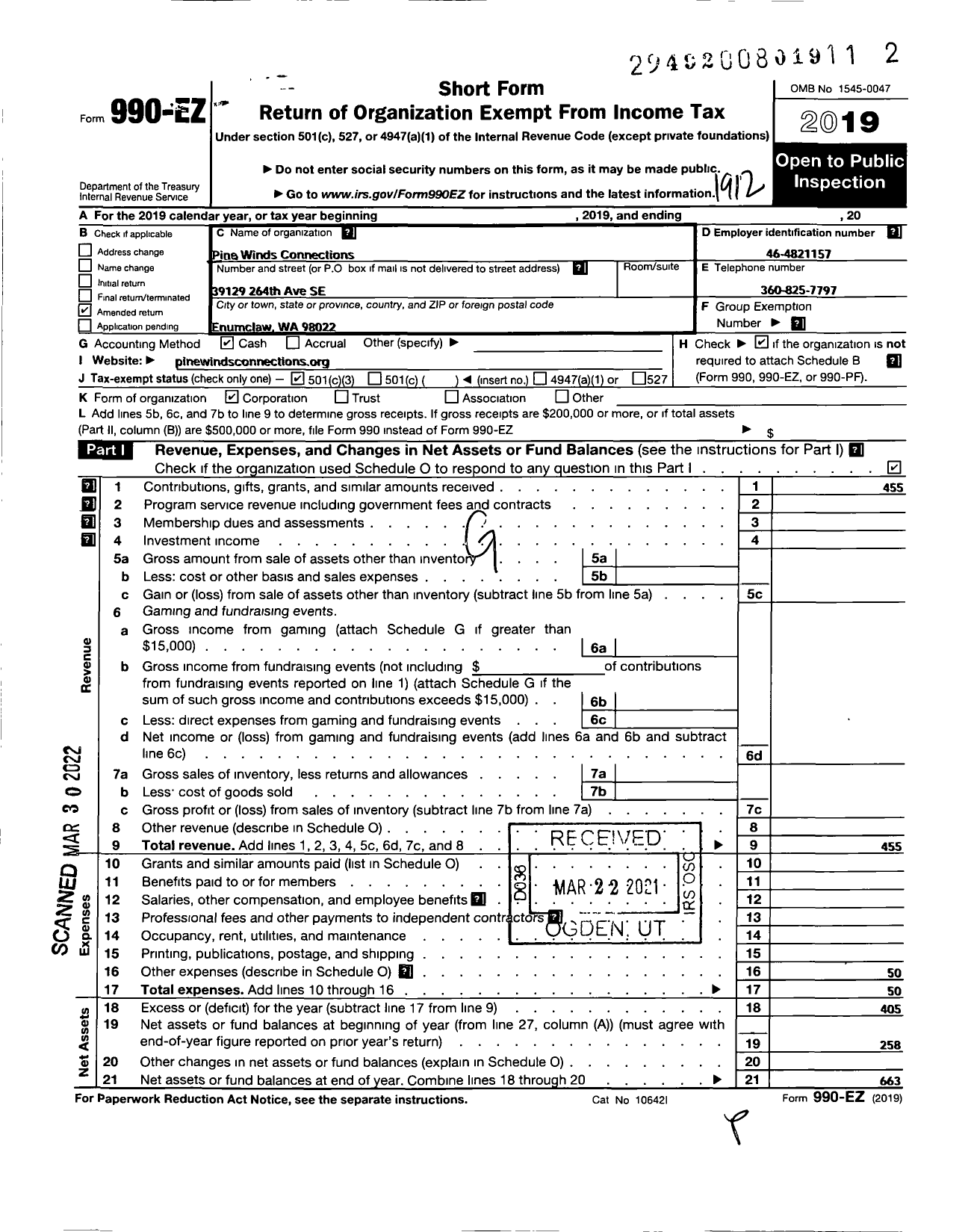 Image of first page of 2019 Form 990EZ for Pine Winds Connections