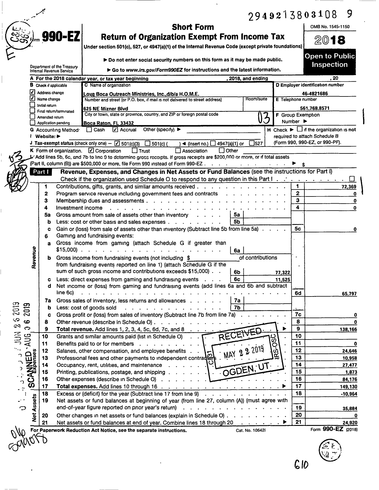 Image of first page of 2018 Form 990EZ for Love Boca Outreach Ministries