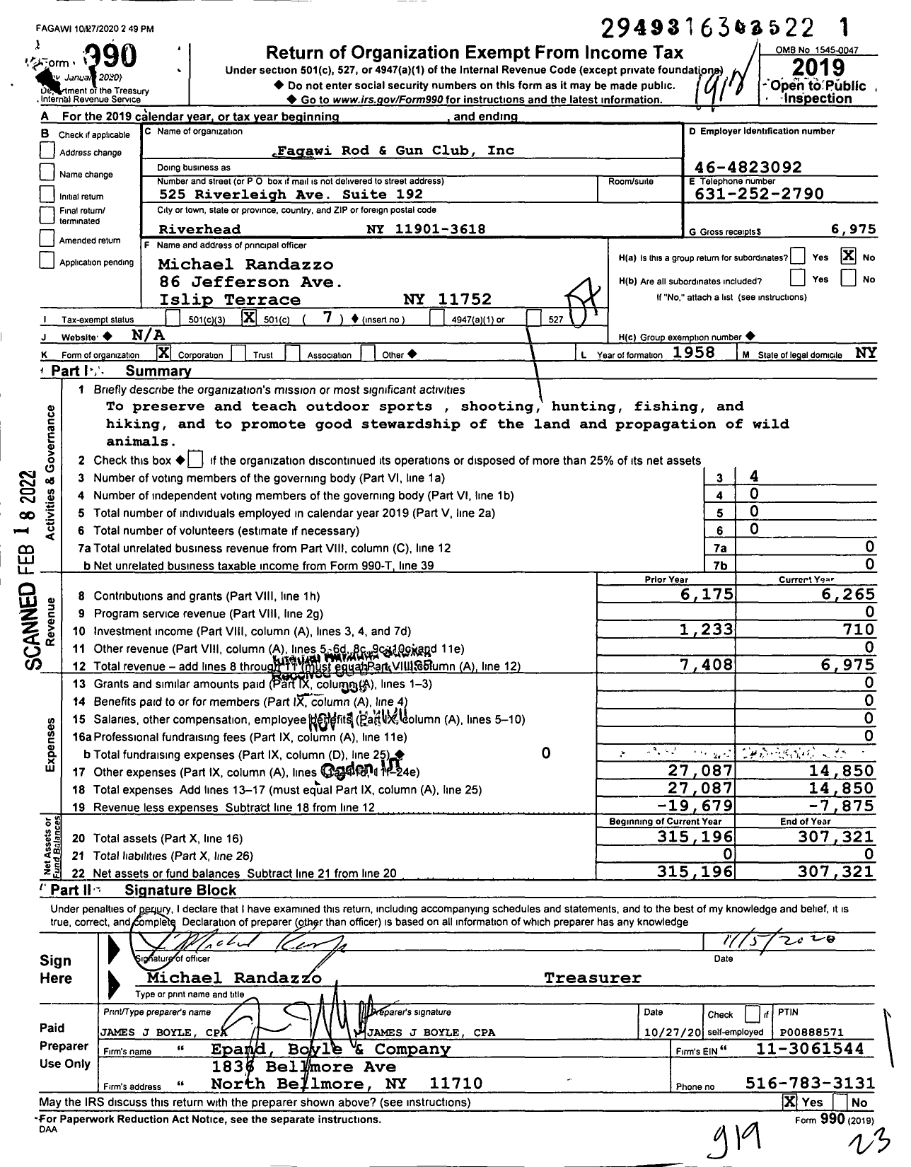 Image of first page of 2019 Form 990O for Fagawi Rod and Gun Club