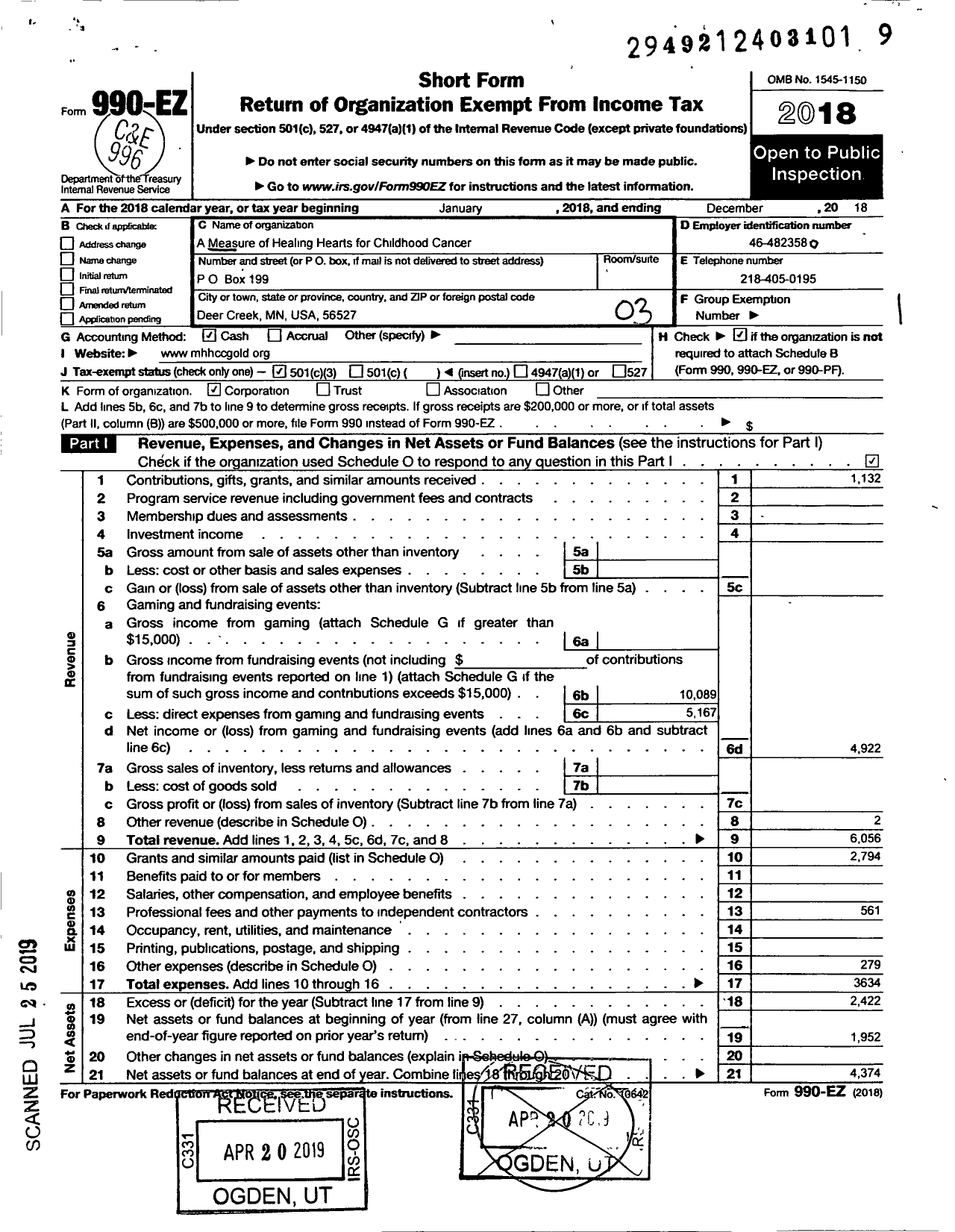 Image of first page of 2018 Form 990EZ for A Measure of Healing Hearts for Childhood Cancer