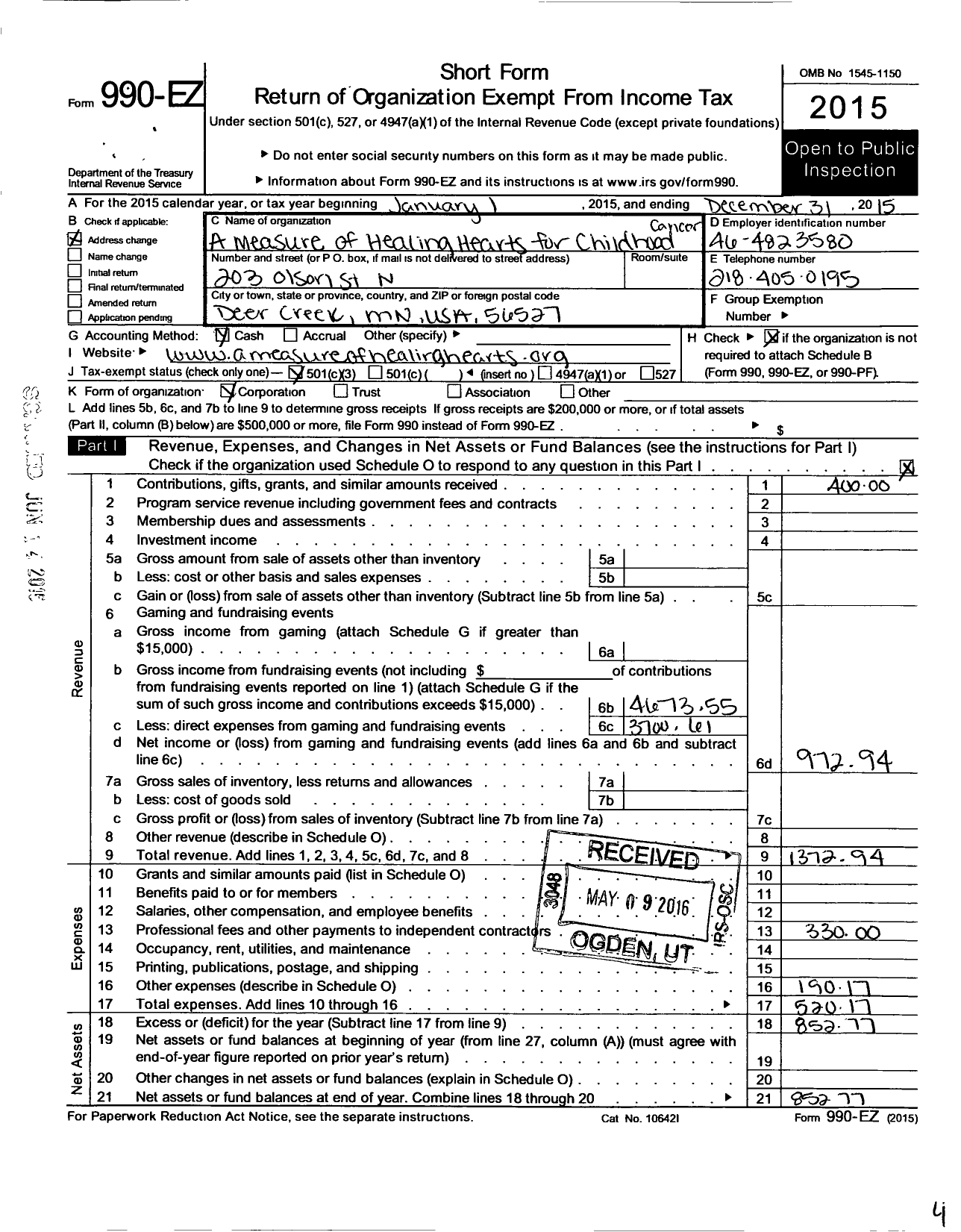 Image of first page of 2015 Form 990EZ for A Measure of Healing Hearts for Childhood Cancer