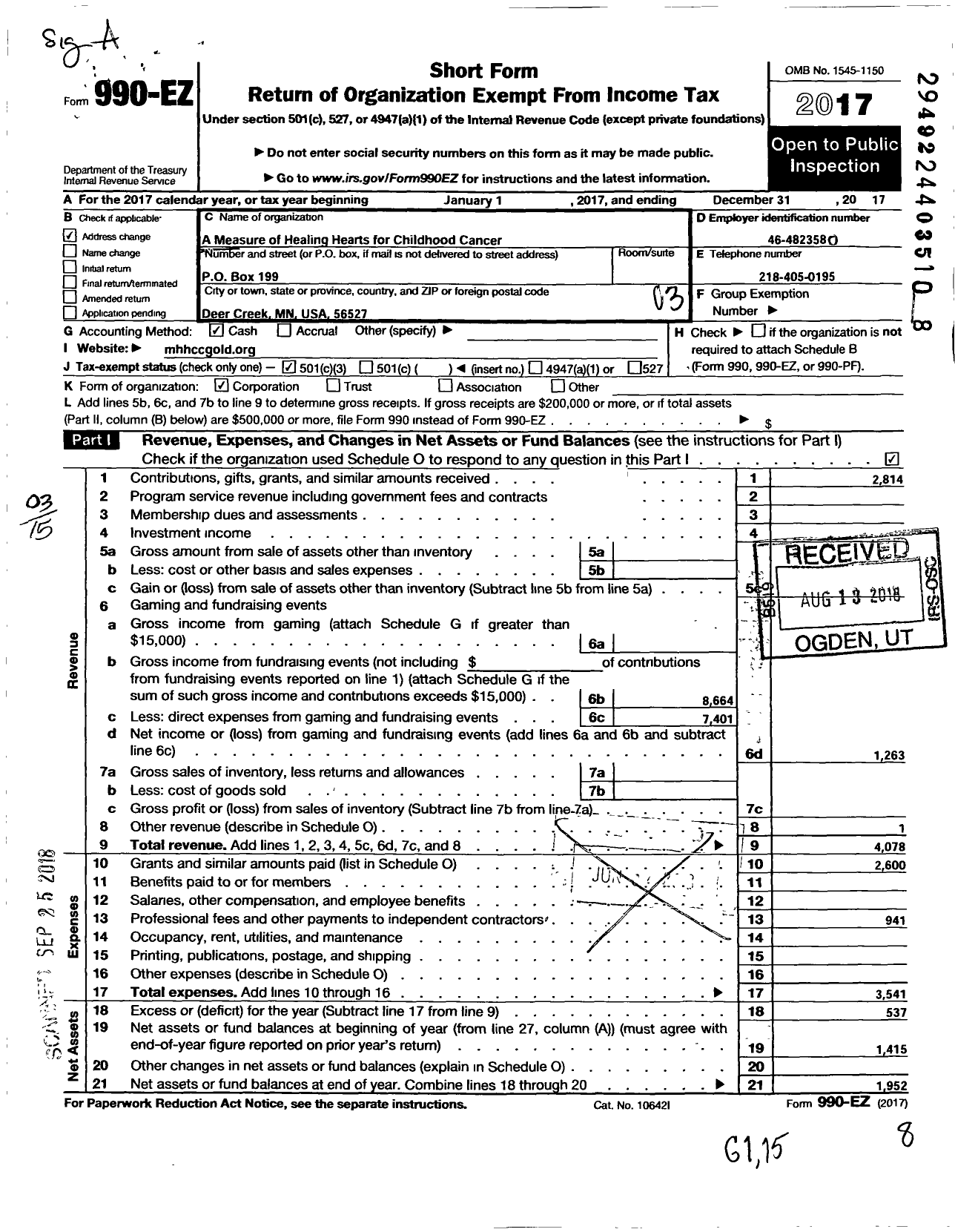 Image of first page of 2017 Form 990EZ for A Measure of Healing Hearts for Childhood Cancer