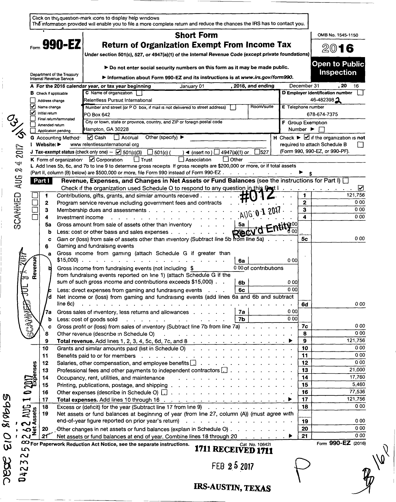 Image of first page of 2016 Form 990EZ for Relentless Pursuit International